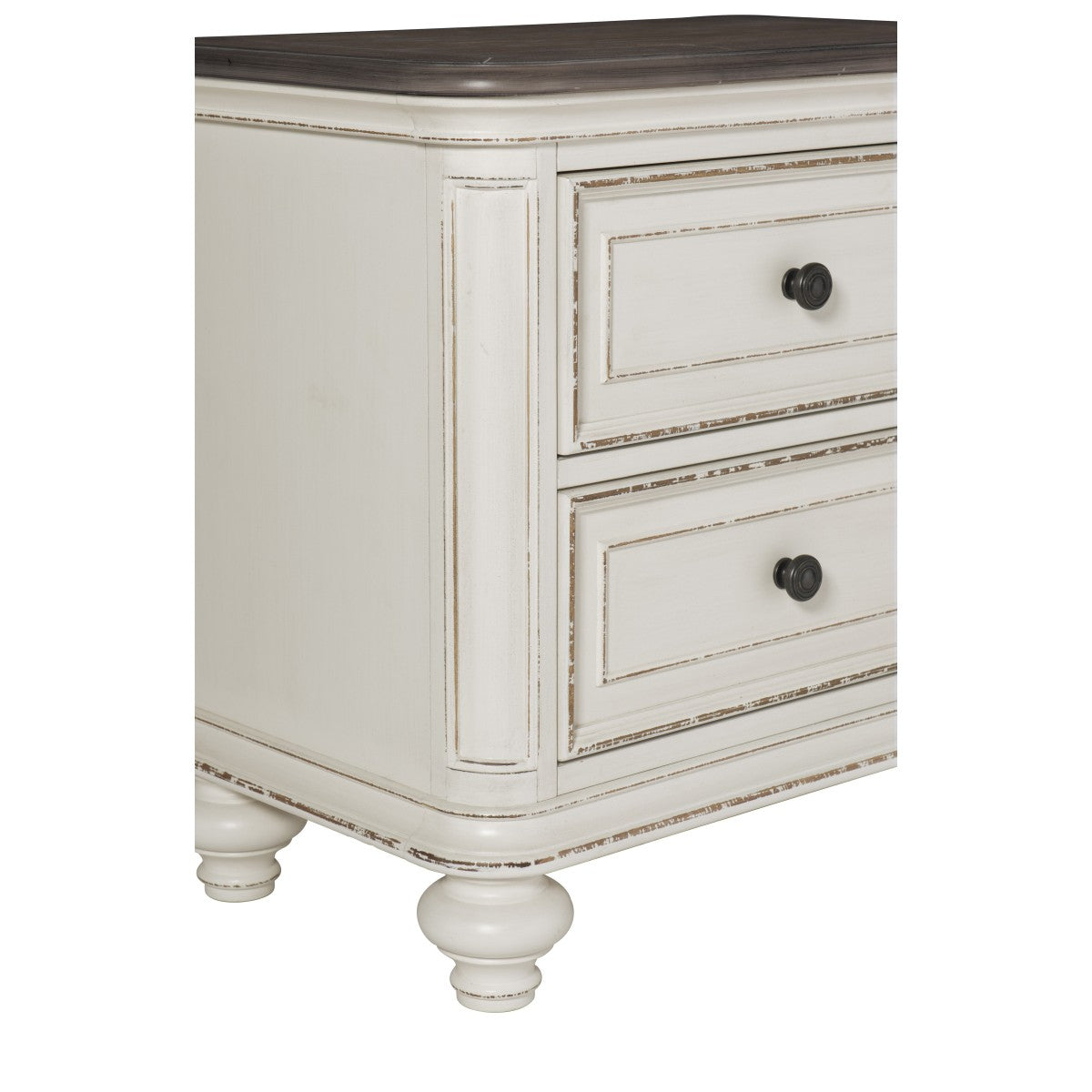 Antique White & Brown Gray Nightstand with USB Port & 2 Drawers - Solid Oak Veneer Bedside Table for Bedroom, Living Room, or Office