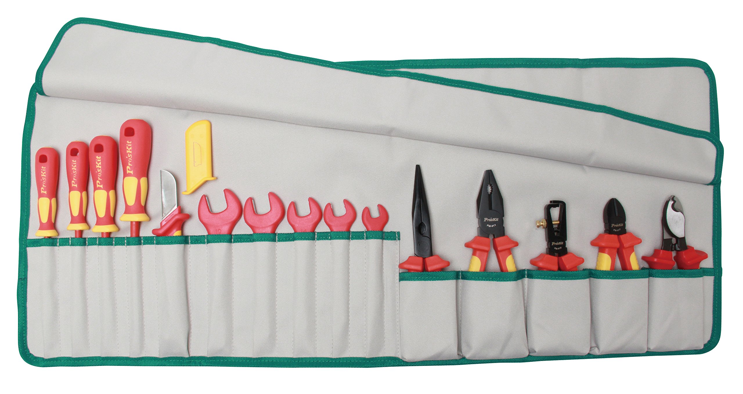 Pro'sKit PK-2813M 15-Piece Insulated Metric Roll Tool Kit - 1000V Safety Rated for Electrical Work | Professional Electrician Tools for Wiring, Repairs & Maintenance