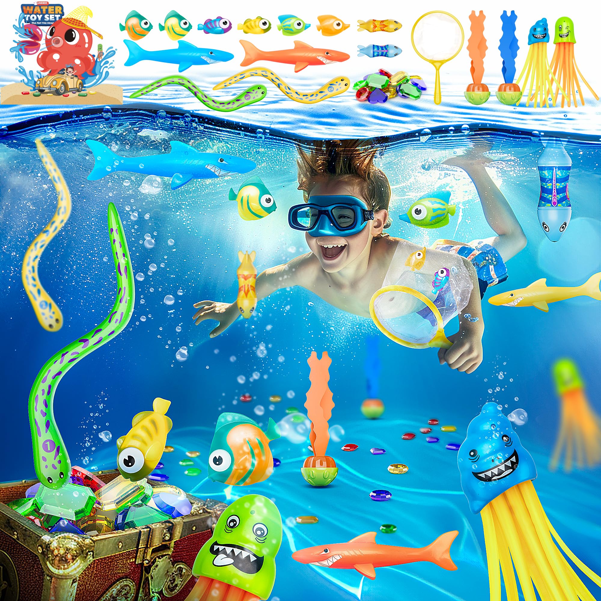 37 Pcs Kids Diving Pool Toys Set with Storage Bag - Water Toys for Ages 4-12 - Underwater Swimming & Beach Fun - Perfect for Summer Pool Parties, Backyard Swimming, and Ocean Play