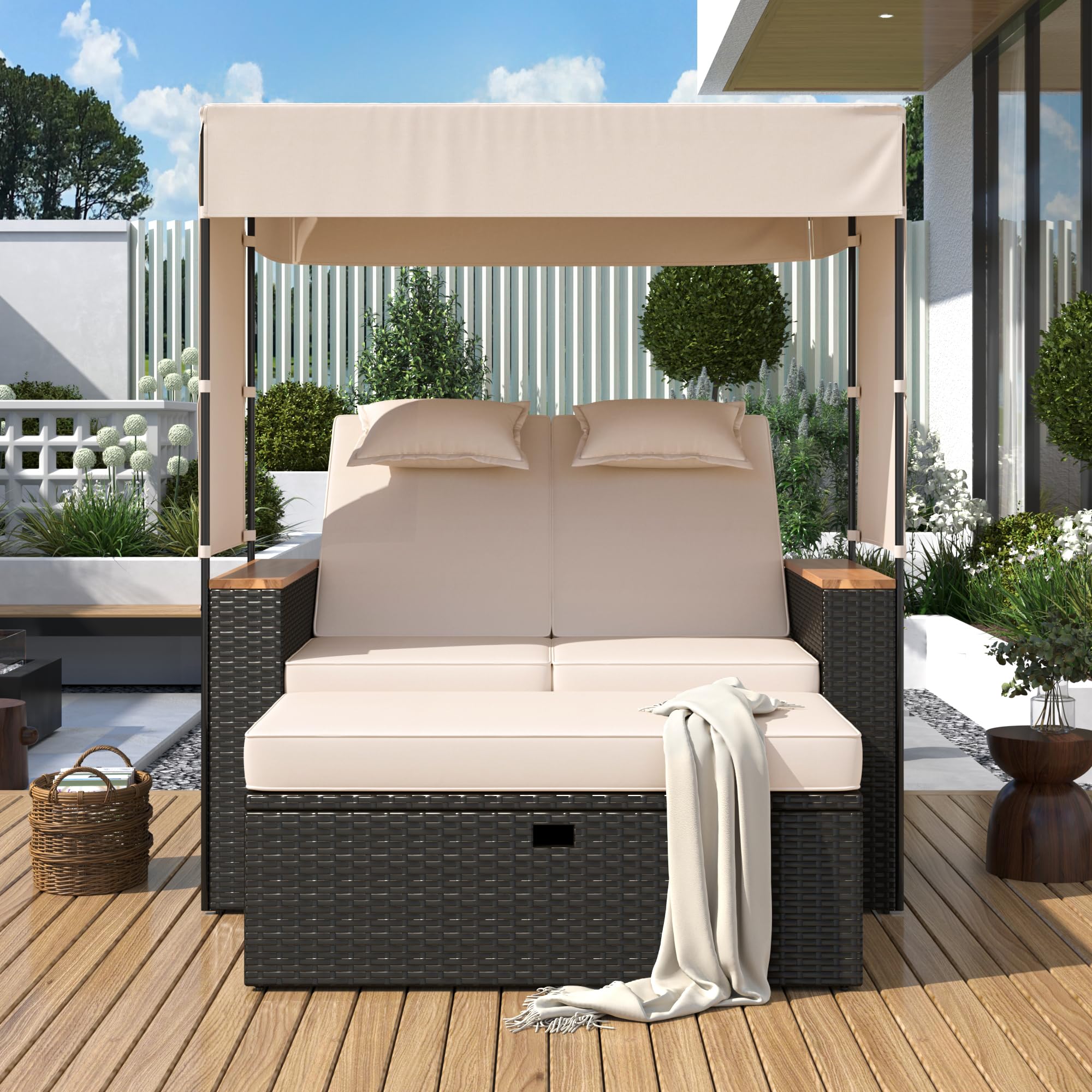 Merax 2-Piece Outdoor Rattan Patio Conversation Set with Adjustable Backrest - Waterproof Wicker Garden Furniture for Porch, Backyard, Balcony - Beige Lounge Bench Sofa Set for Relaxing & Entertaining Guests