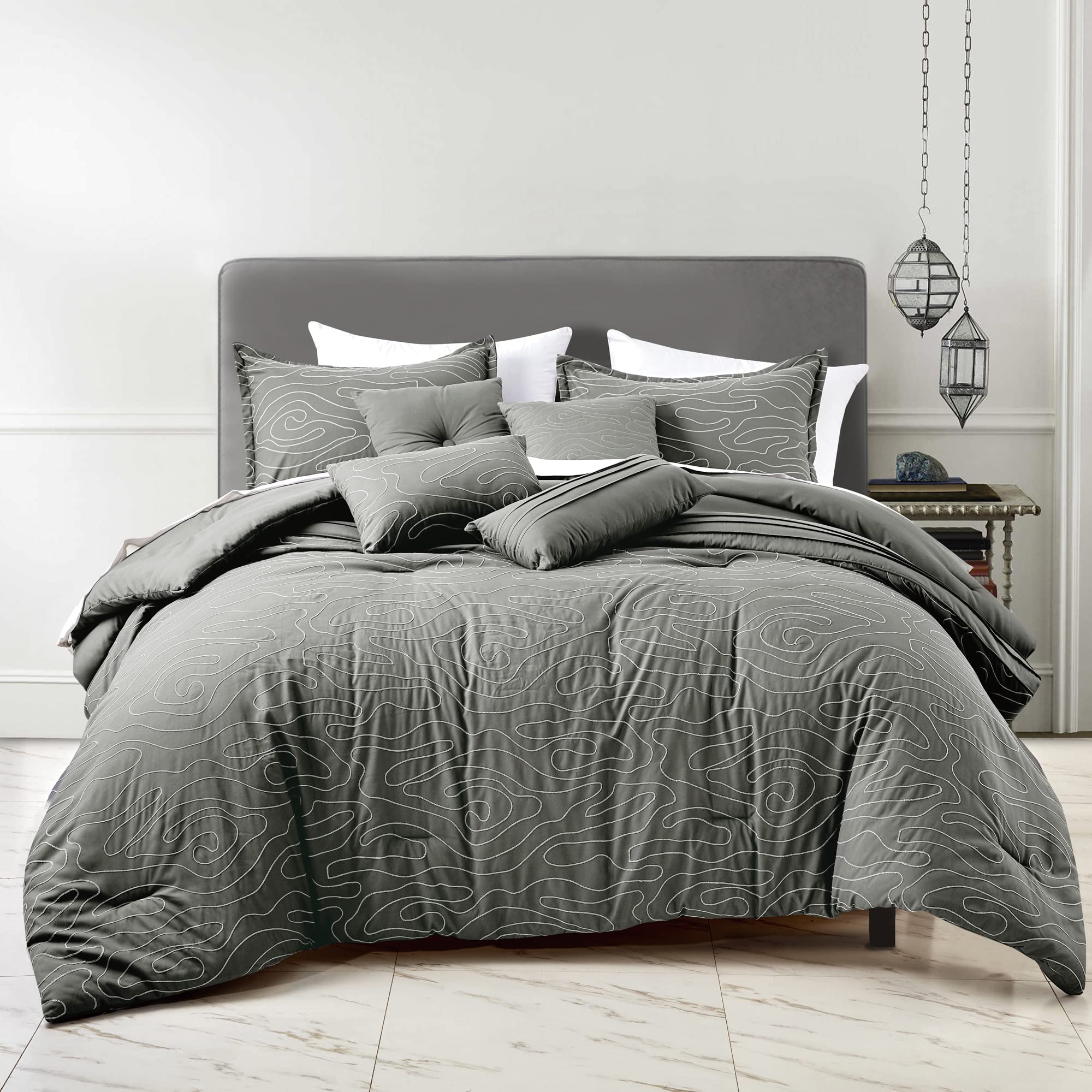 Luxury 7-Piece King/Cal-King Comforter Set with Shams & Cushions - Modern Bright Gray Lava Wavy Embroidery Design, Elegant Contemporary Bedding Collection (22262V) | Perfect for Master Bedrooms, Guest Rooms & Upscale Home Decor