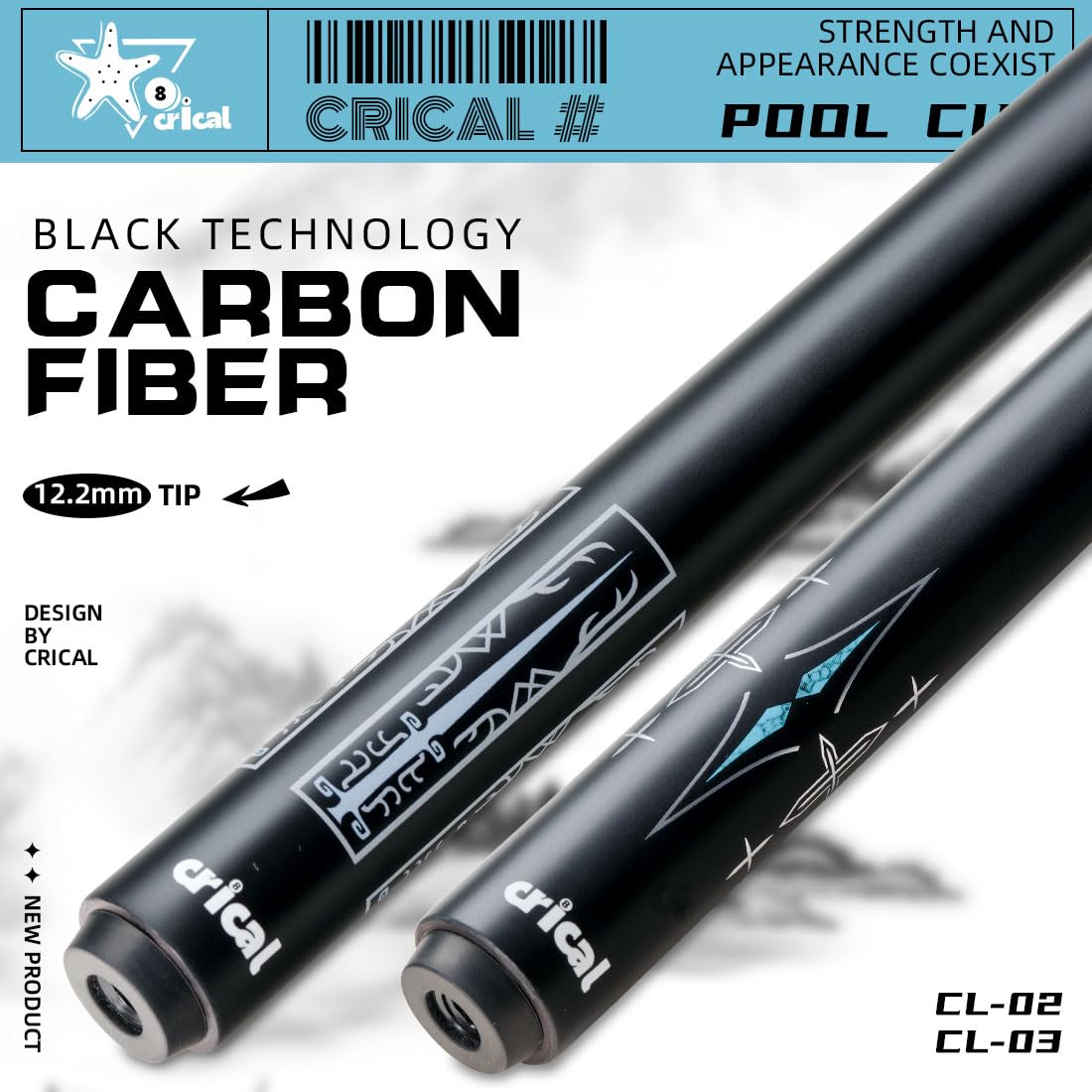 CRICAL 58英寸 Professional Carbon Fiber Pool Cue Stick - Low Deflection Billiard Cue with 3/8*8 Pin Joint & 12.5mm Tip for Tournament Play and Home Pool Tables