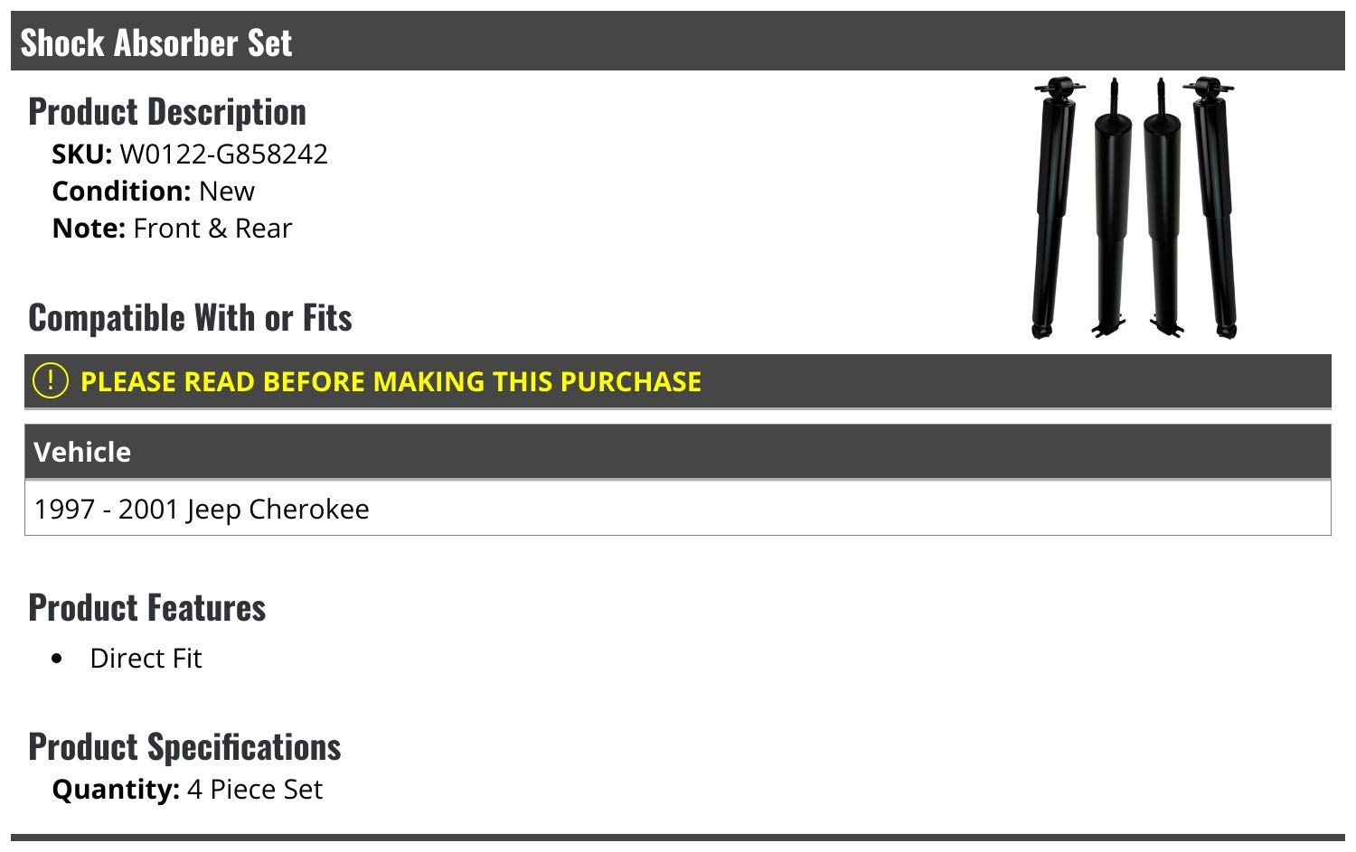 Shock Absorber Set of 4 for 1997-2001 Jeep Cherokee - Heavy Duty Suspension Replacement Parts for Off-Roading & Smooth Ride