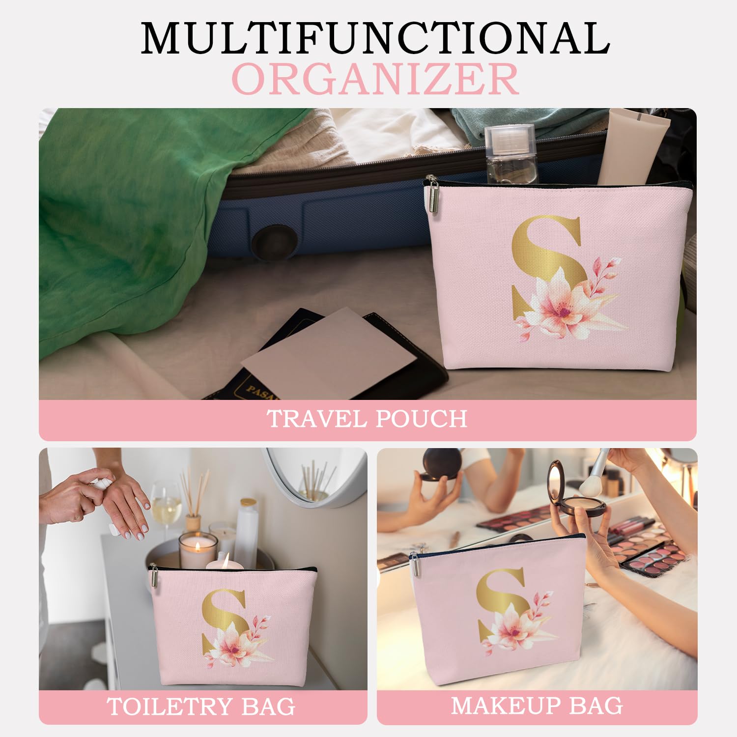 Personalized Monogram Makeup Bag for Women - Pink Initial Letter Cosmetic Pouch, Zipper Toiletry Organizer Travel Essentials Gift for Bride, Bridesmaid, Mom & Daughter (19