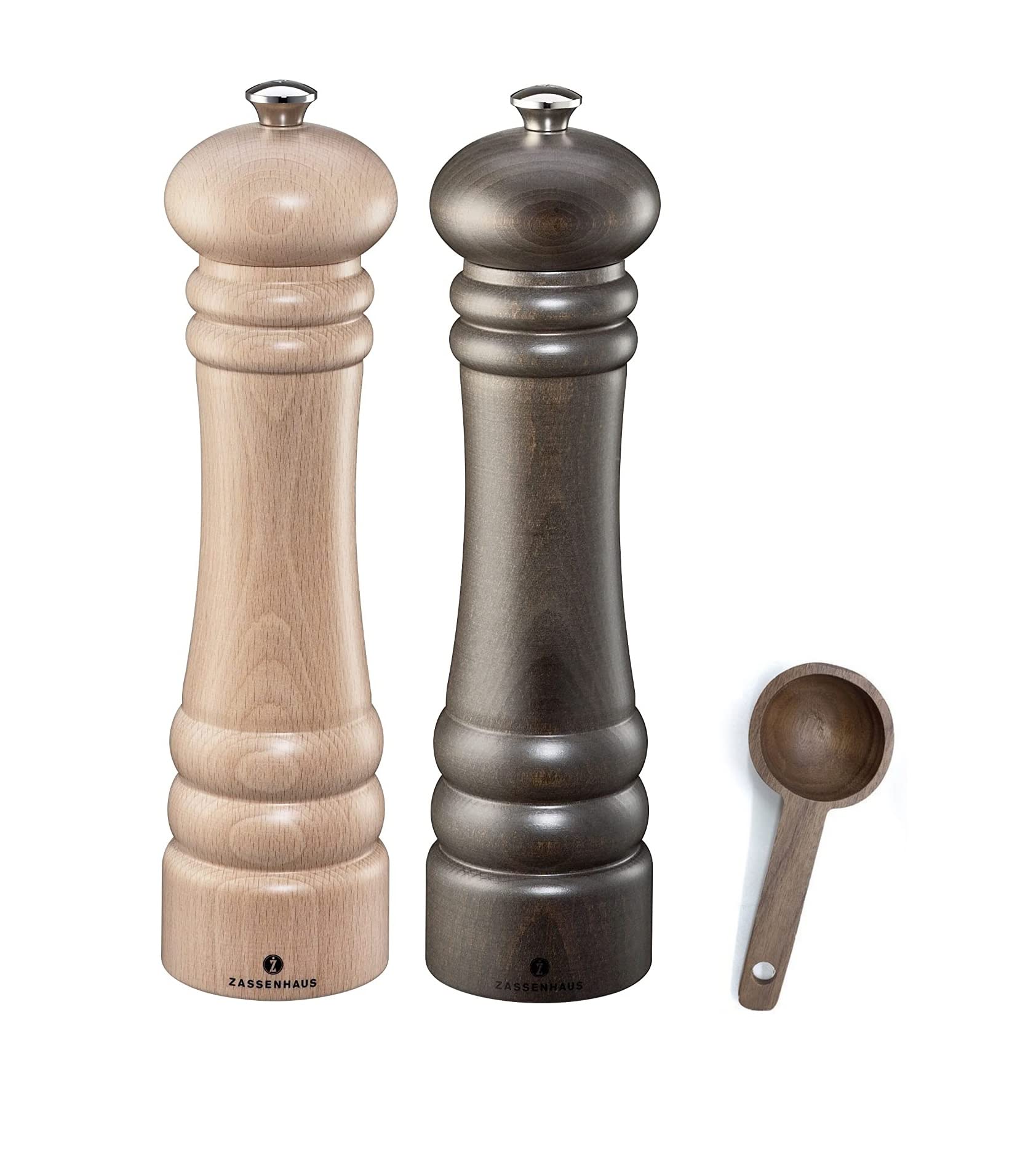 Premium Zassenhaus Berlin Natural Salt & Pepper Grinder Set - 9.4 Inch Dark Stained Wood Mill with Spice Scoop - Perfect for Gourmet Cooking, Kitchen Gifts & Dining Table Decor