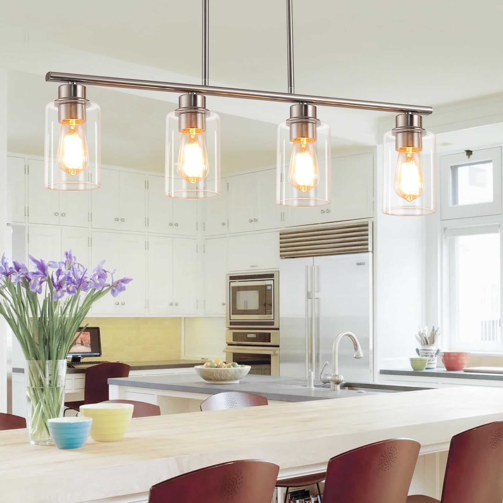 Farmhouse 4-Light Pendant Lighting for Kitchen Island - Brushed Nickel with Clear Glass Shade - Perfect for Dining Room, Living Room & Kitchen Island Lighting Decor