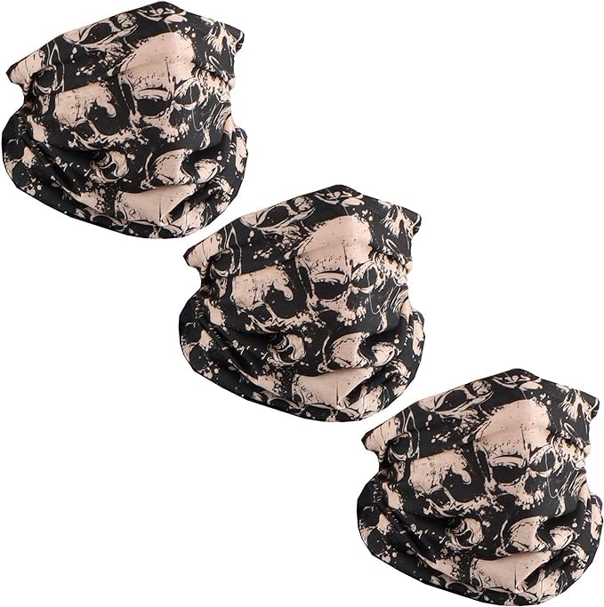 Motique Accessories 3 Pack Skull Print Biker Bandanas - Neck Gaiter Face Cover for Motorcycle Riding, Cycling, Outdoor Sports & Casual Wear