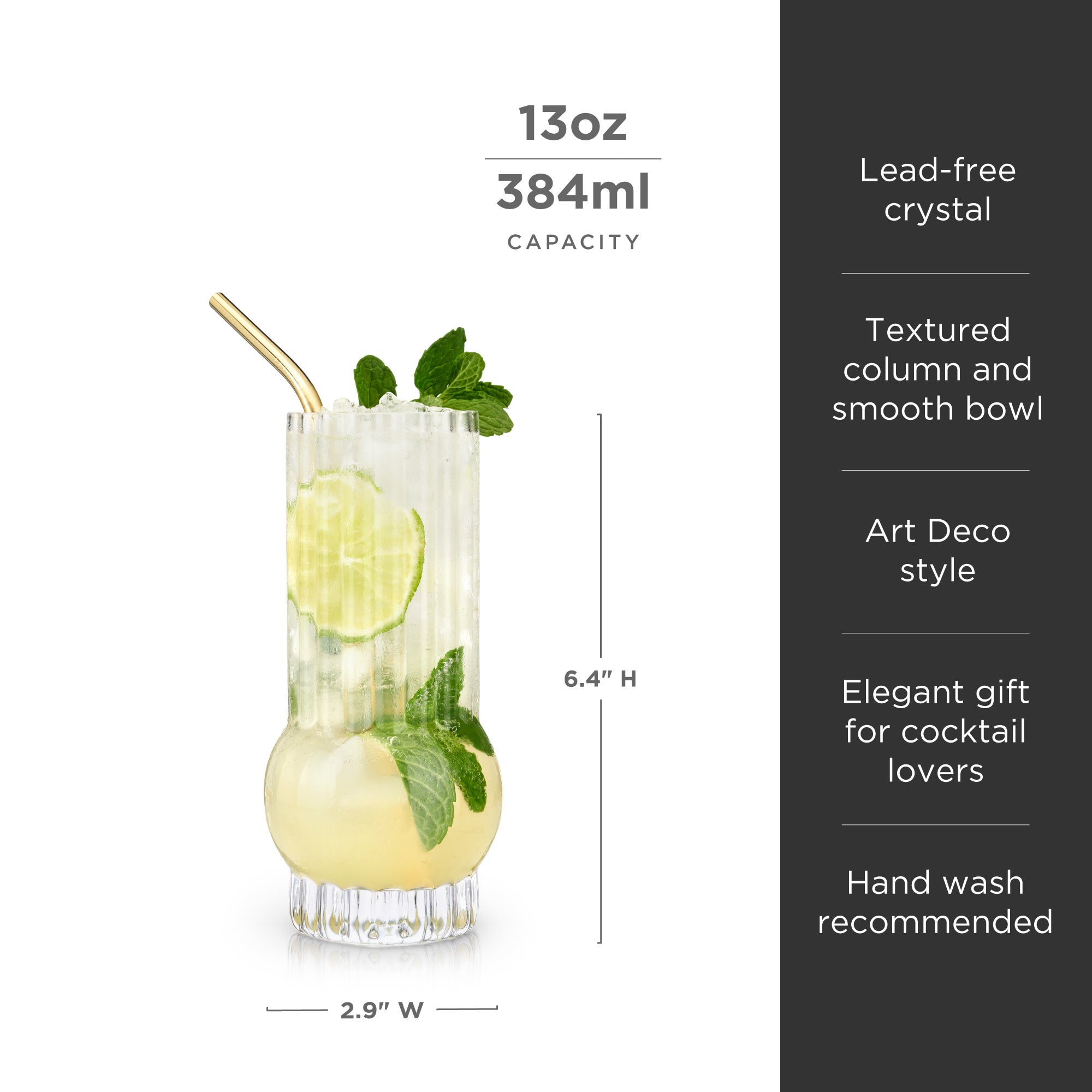 Art Deco Crystal Highball Glasses Set of 2 - Elegant Vintage Cocktail Glasses for Whiskey, Gin & Tonic - Perfect for Home Bar, Parties & Gifts