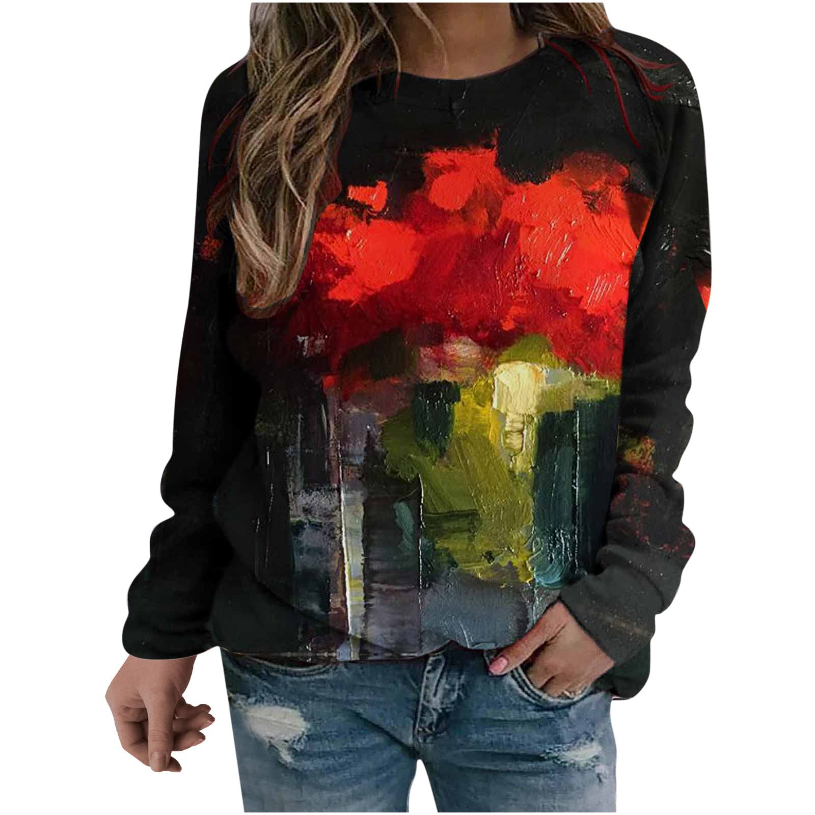 Trendy Women's Graffiti Sweaters - Round Neck Long Sleeve Loose Crewneck Sweatshirts for Casual Wear, Street Style & Going Out Tops | Perfect for Fall Fashion, Weekend Outings & Urban Streetwear Looks