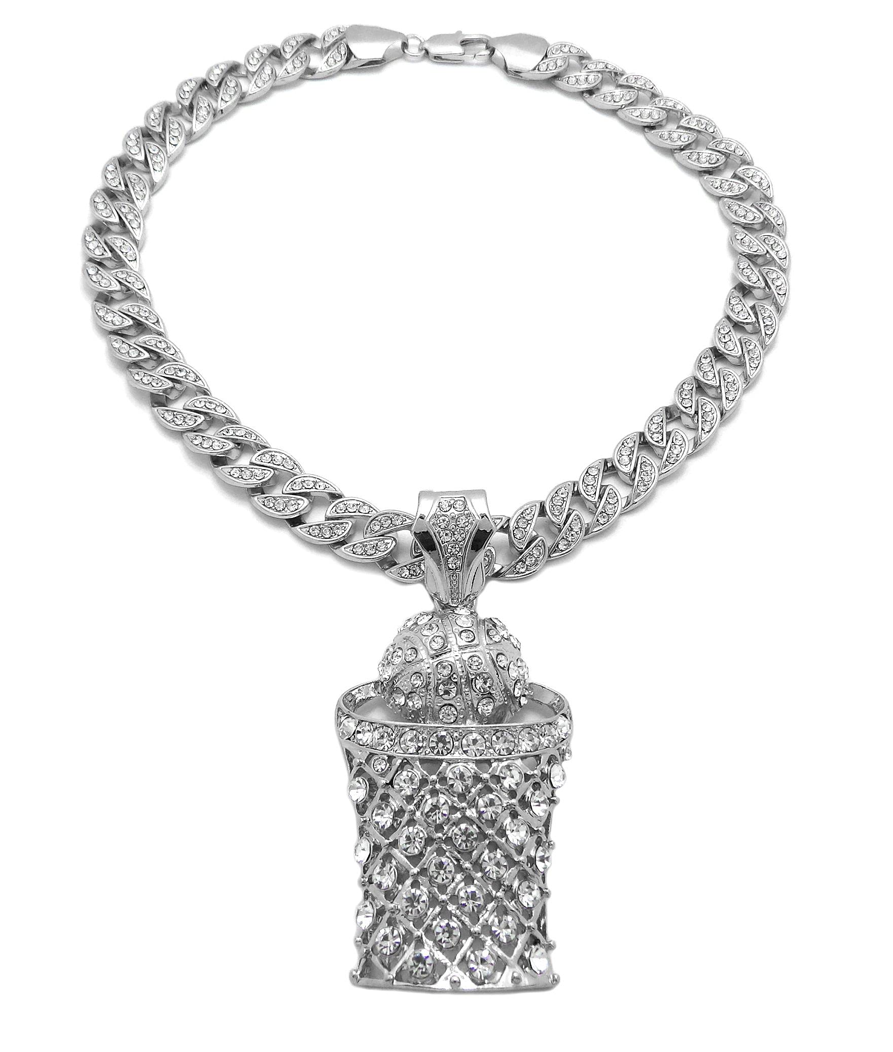 Iced Out Miami Cuban Chain Necklace with 10mm Stones & Basketball Net Pendant – Perfect for Hip-Hop Fashion, Streetwear & Jewelry Gifts
