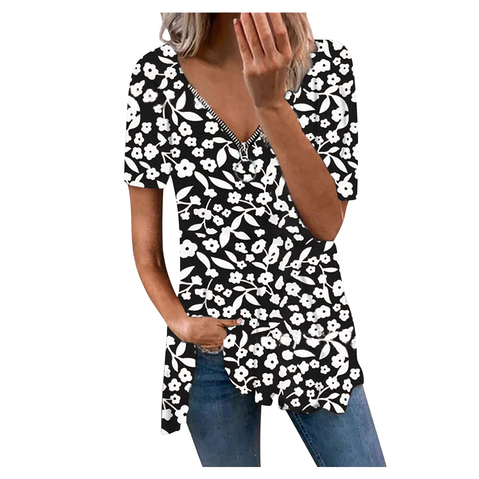 Women's V-Neck Zipper Short Sleeve T-Shirt - Loose Fit Casual Top for Everyday Wear | Perfect for Work, Weekend & Summer Outfits