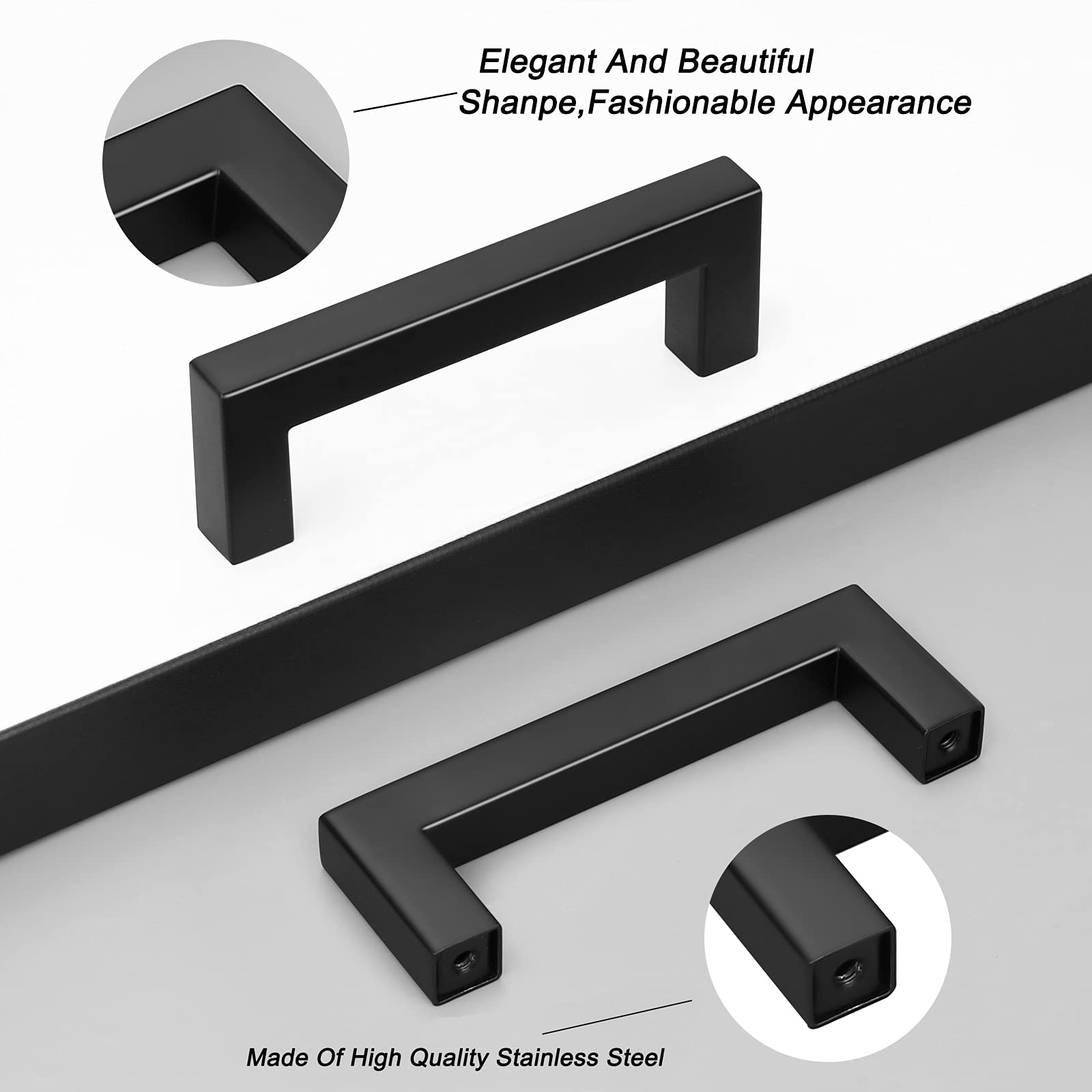 Probrico 50 Pack Black Kitchen Cabinet Pulls - Stainless Steel 3.5 Inch Hole Center Cabinet Handles, Square Corner Bar Drawer Pulls for Modern Kitchens, Bathrooms & Office Furniture (Easy Installation & Durable)