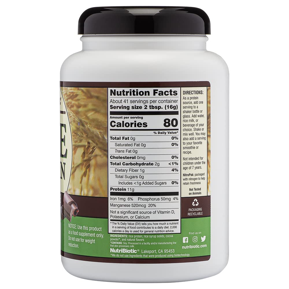 NutriBiotic Chocolate Rice Protein Powder - 1 lb 6.9 oz | Vegan, Keto & Low Carb Plant-Based Protein | Non-GMO, Gluten-Free & Chemical-Free | Easy Digest & Rich in Nutrients | Perfect for Smoothies, Baking & Post-Workout Recovery