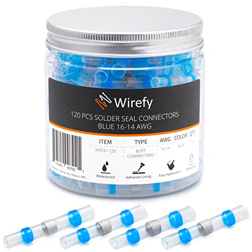Wirefy 120 PCS Heat Shrink Solder Seal Wire Connectors - Waterproof Self-Soldering Butt Connectors for 16-14 AWG Wires (Blue) - Ideal for Automotive, Marine & Electrical Repairs