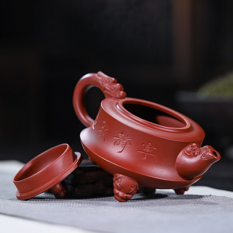Premium Yixing Red Clay Three-Legged Dragon Teapot - Handcrafted Chinese Zisha Ceremonial Teapot for Oolong & Pu-erh Tea Brewing | Perfect for Tea Ceremonies, Gifts & Home Decor