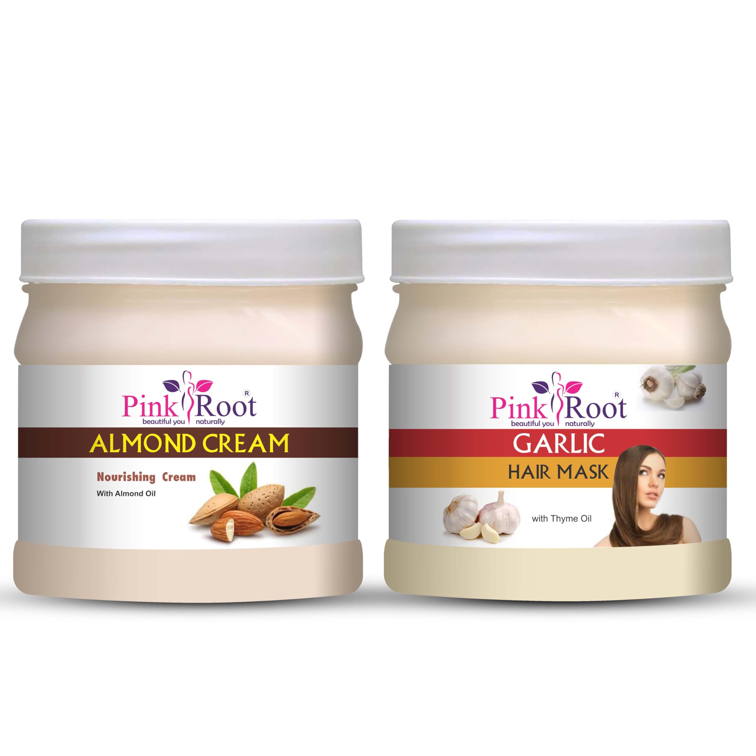 Organic Pink Root Almond Cream & Garlic Hair Mask Set - 500gm Each - Natural Hair Growth Treatment for Dry, Damaged Hair - Perfect for Home Spa & Hair Care Routine