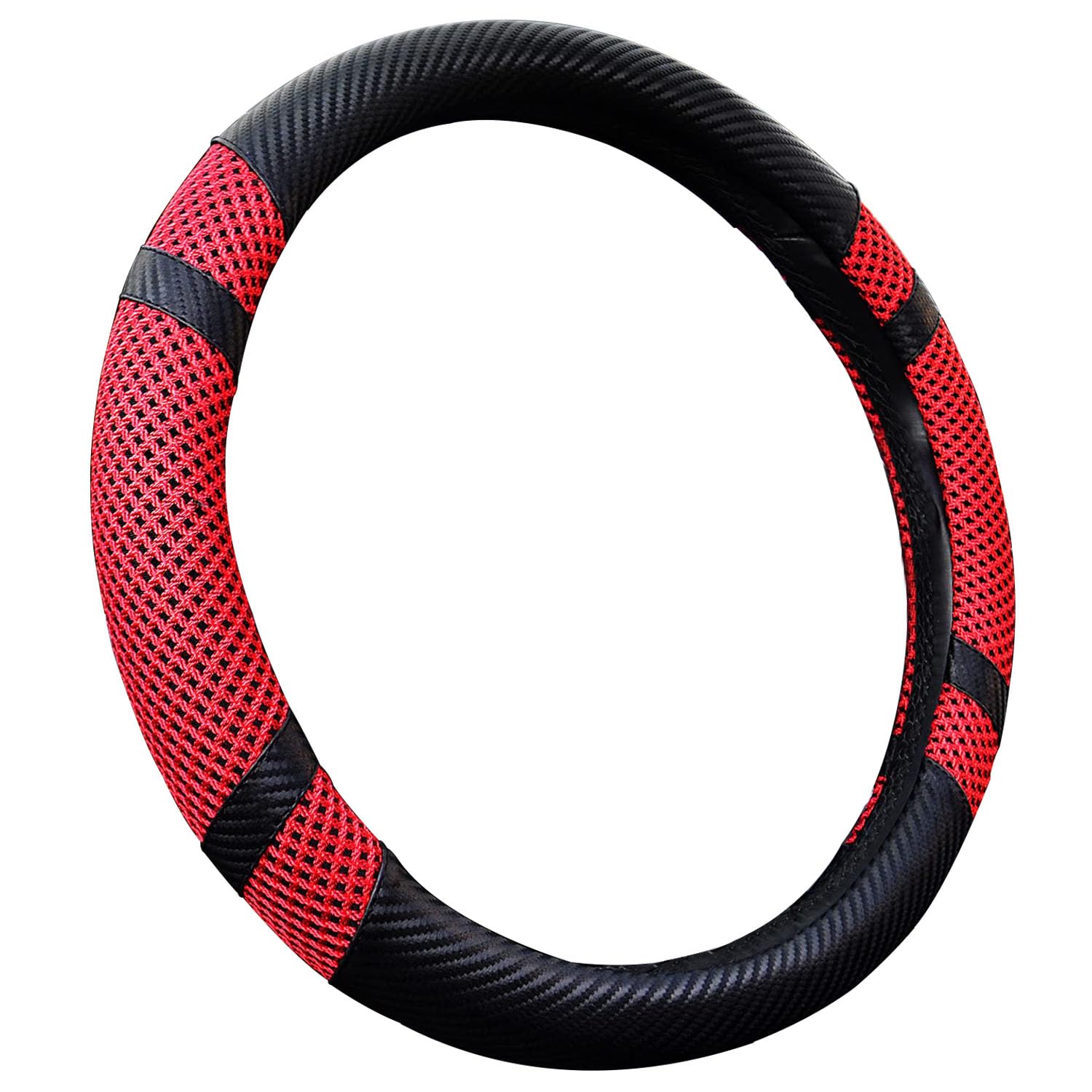 BOKIN Carbon Fiber Steering Wheel Cover - Universal 14.5-15 Inch Auto Accessory, Microfiber Leather with Breathable Ice Silk Design for Summer Cooling & Winter Warmth - Red Carbon Fiber Style - Perfect for Daily Driving, Road Trips & Car Interior Protection