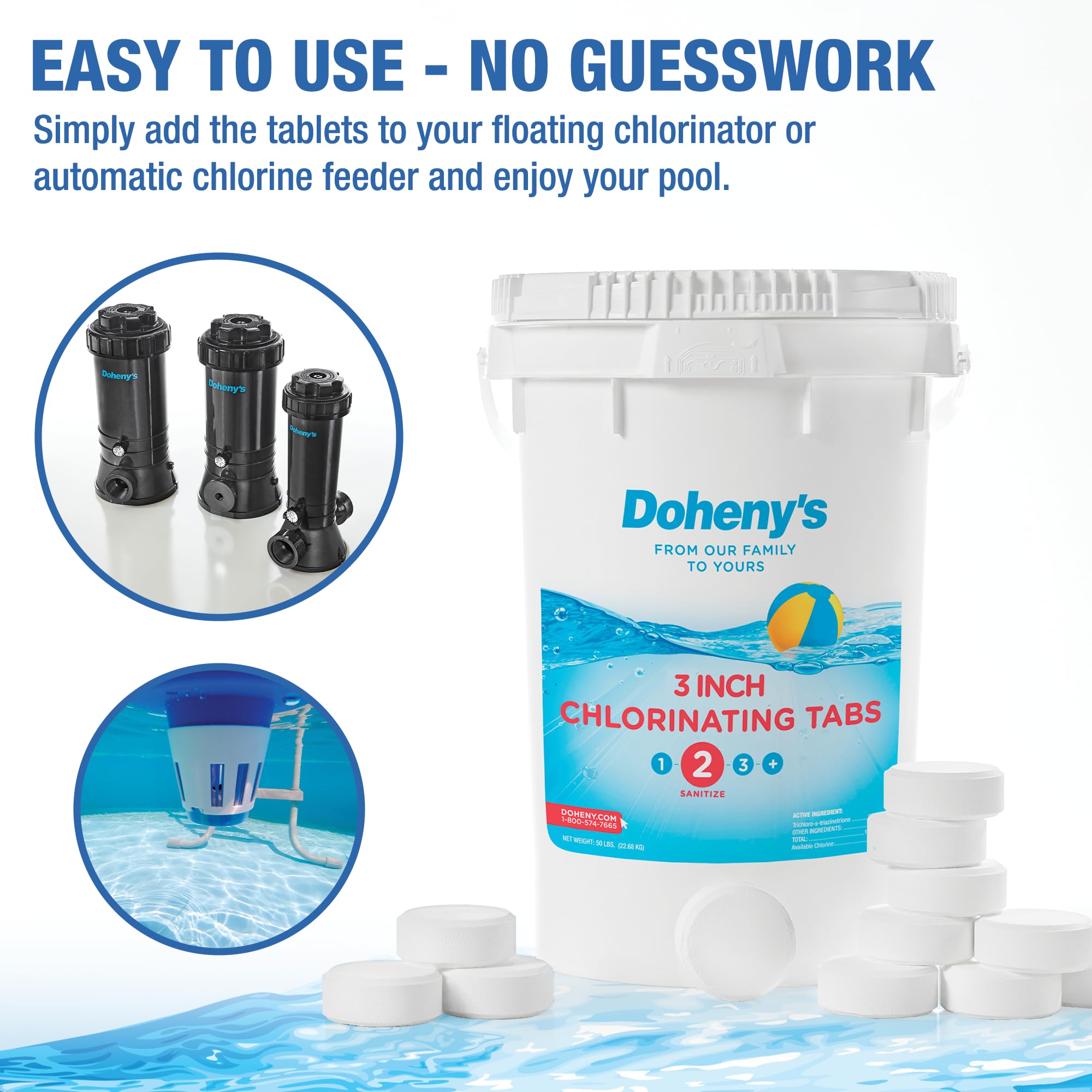 Doheny's 3-Inch Stabilized Chlorine Tablets for Pools | 99% Pure Tri-Chlor, 90% Available Chlorine | Long-Lasting UV-Protected Slow-Dissolving Pool Sanitizer | 100lb Childproof Bucket with Individually Wrapped Tablets | Perfect for Inground & Above Ground Swimming Pools, Hot Tubs, and Spas