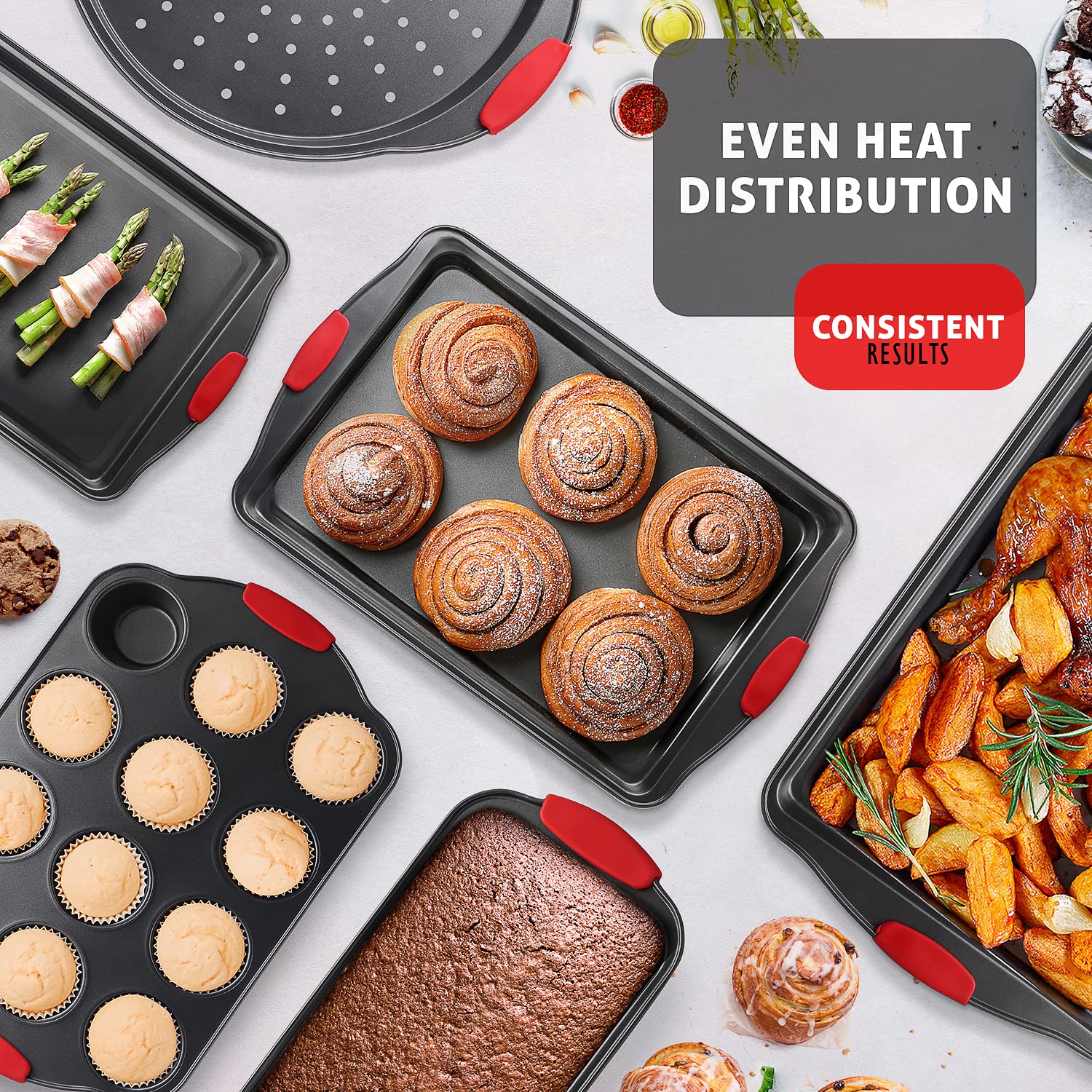 15-Piece Premium Nonstick Bakeware Set - BPA Free Cookie Sheets, Muffin Pan, Cake Pan & Kitchen Utensils for Baking, Cooking & Entertaining - Black Steel Baking Pans for Oven, Home & Professional Use
