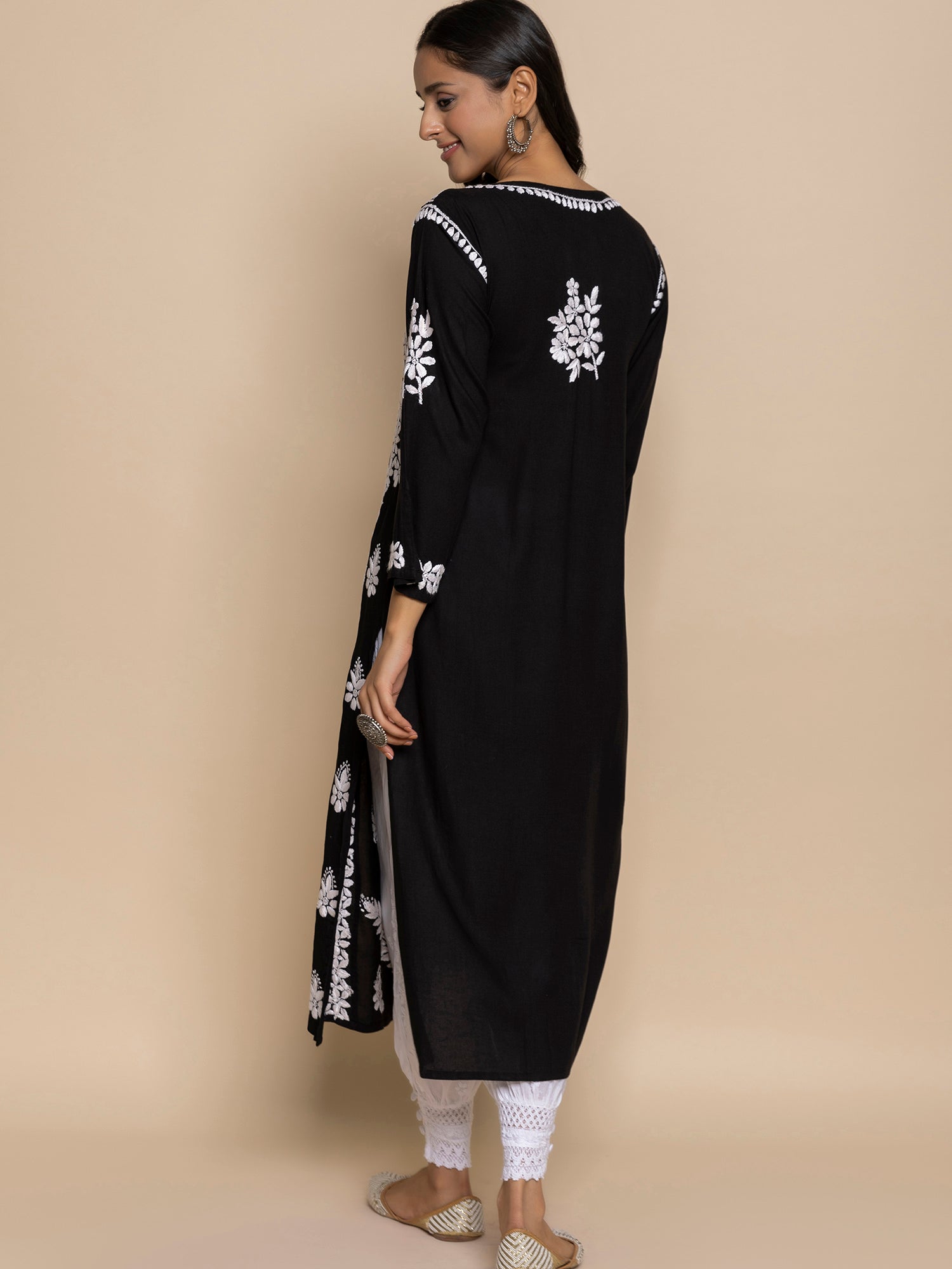 Fizaa Chikankari Kurta for Women - Rayon Cotton V-Neck Black Ethnic Top - Perfect for Festivals, Parties & Casual Wear