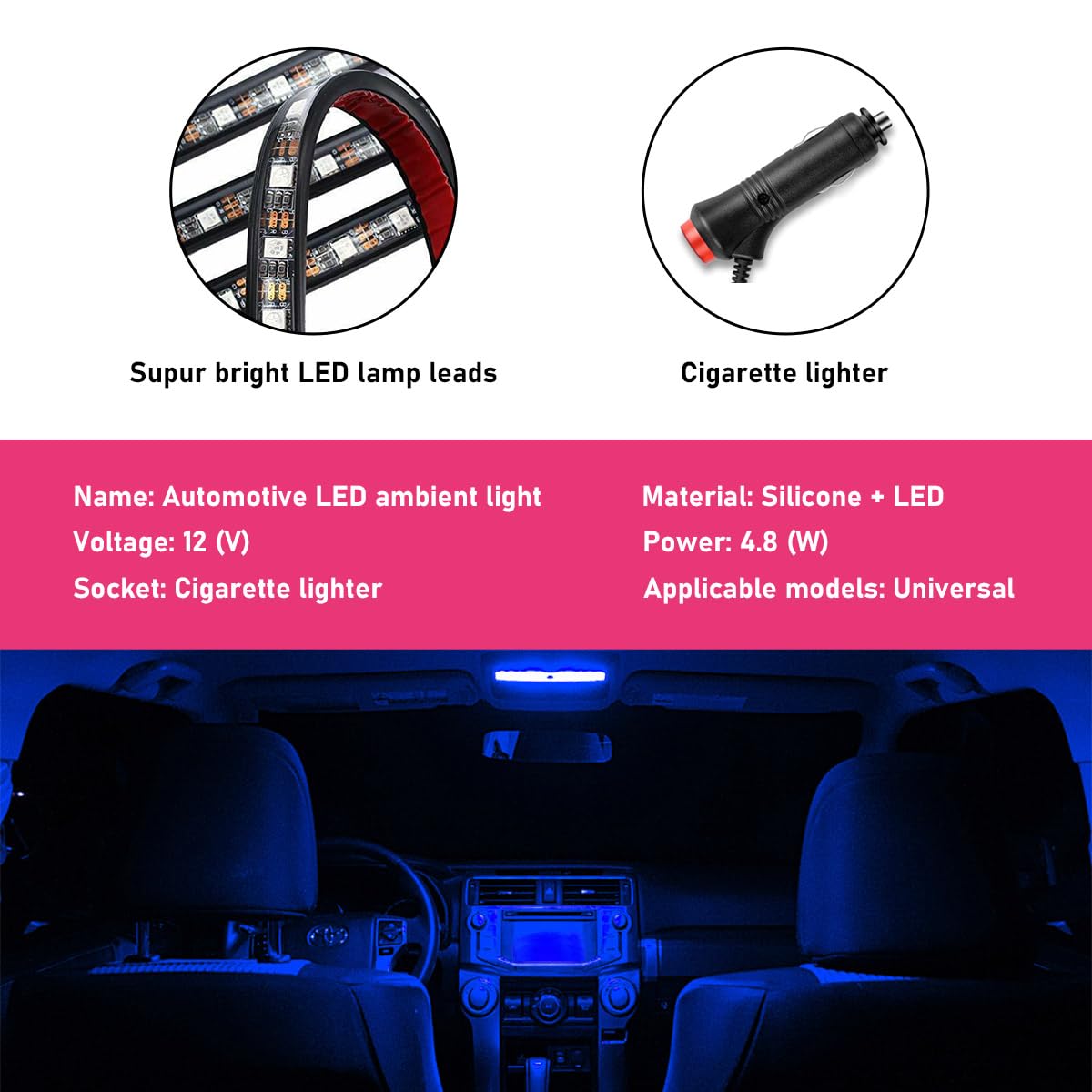 RGB LED Strip Lights for Cars - 24-LED Neon Interior Ambient Lighting Kit, 12V Under Dash Car Lights with Cigarette Lighter Plug - Blue Automotive Accessories for Night Driving & Interior Decoration