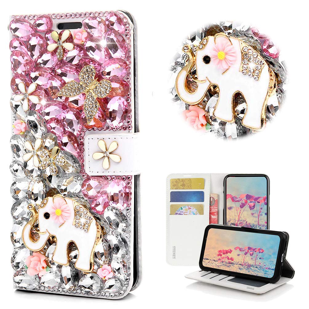 STENES Bling Wallet Case for iPhone XR - 3D Handmade Crystal Elephant Butterfly Flower Magnetic Leather Cover - Stylish Pink Phone Case - Perfect for Women, Girls, Parties & Everyday Use