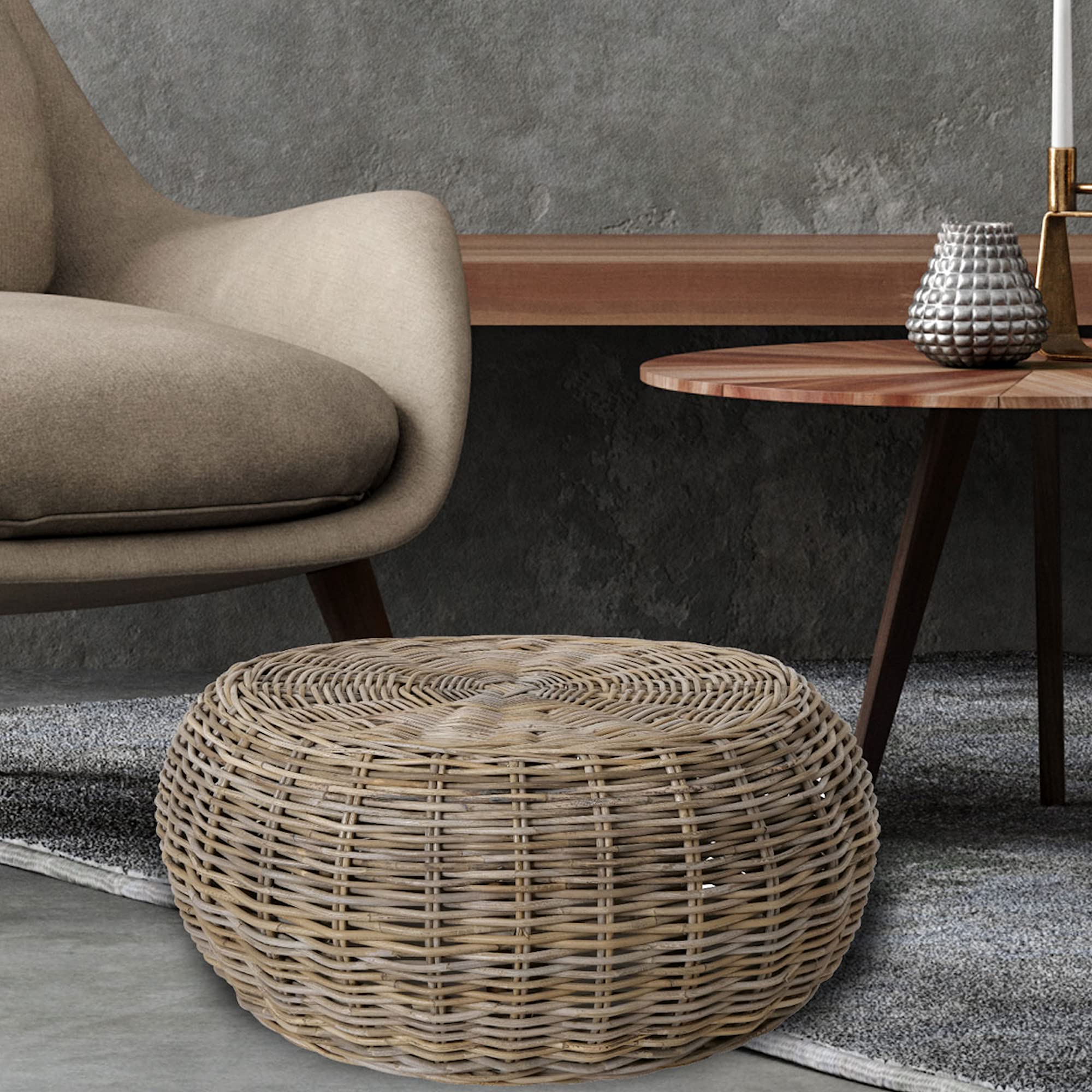 WHW Whole House Worlds Hamptons Low Rise Rattan Coffee Table - Wicker Weave Circular Design, 28.25 Inch Diameter x 13.5 Inch Height, 10.5 lbs - Perfect for Living Room, Patio, or Beach House Decor