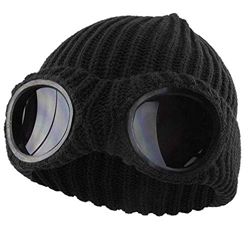 BIGFOOT Winter Beanie Hat with Goggles - Ribbed Knit Cuff Unisex Black Skiing Snowboarding Outdoor Activities