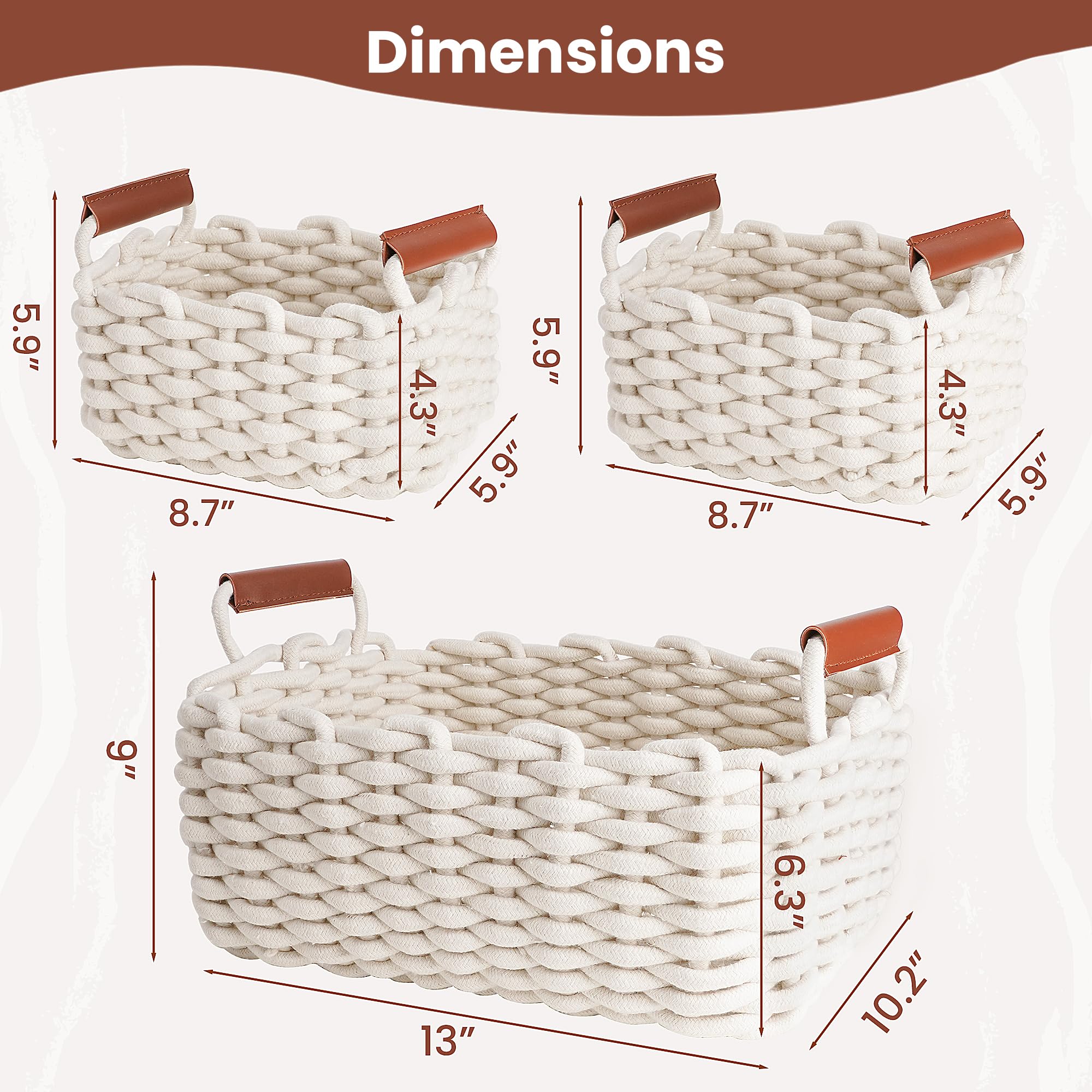 3-Pack Cotton Rope Storage Baskets with Handles - Multi-Purpose Organizer for Diapers, Toys, Bathroom & Closet - Decorative Shelving Bins for Home Organization (Beige/Natural) - Perfect for Nursery, Bedroom & Living Room Storage Solutions