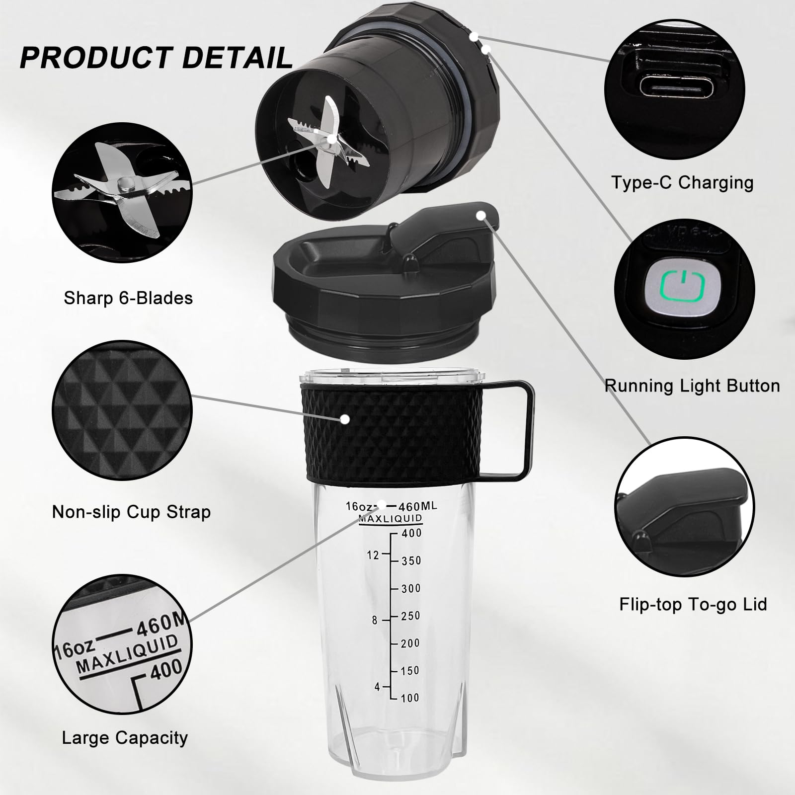 Yidata 16oz Portable Blender - Rechargeable Personal Smoothie Blender with Ultra-Sharp Blades, Handheld Travel Blender for Shakes, Juices & Smoothies - Perfect for Gym, Office, Camping & Outdoor Activities (Black)