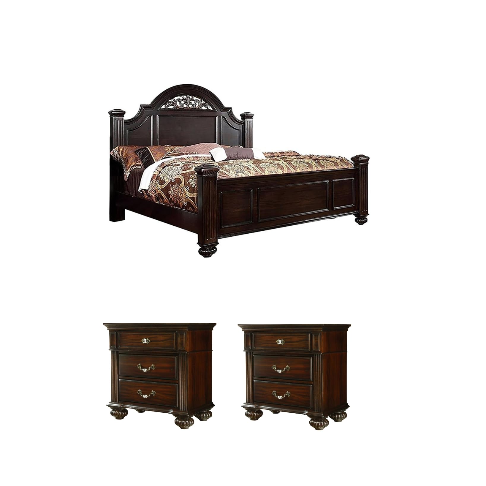 Home Square 3-Piece King Panel Bed Set with 2 Nightstands in Dark Walnut - Perfect for Master Bedroom Decor & Luxury Bedroom Furniture