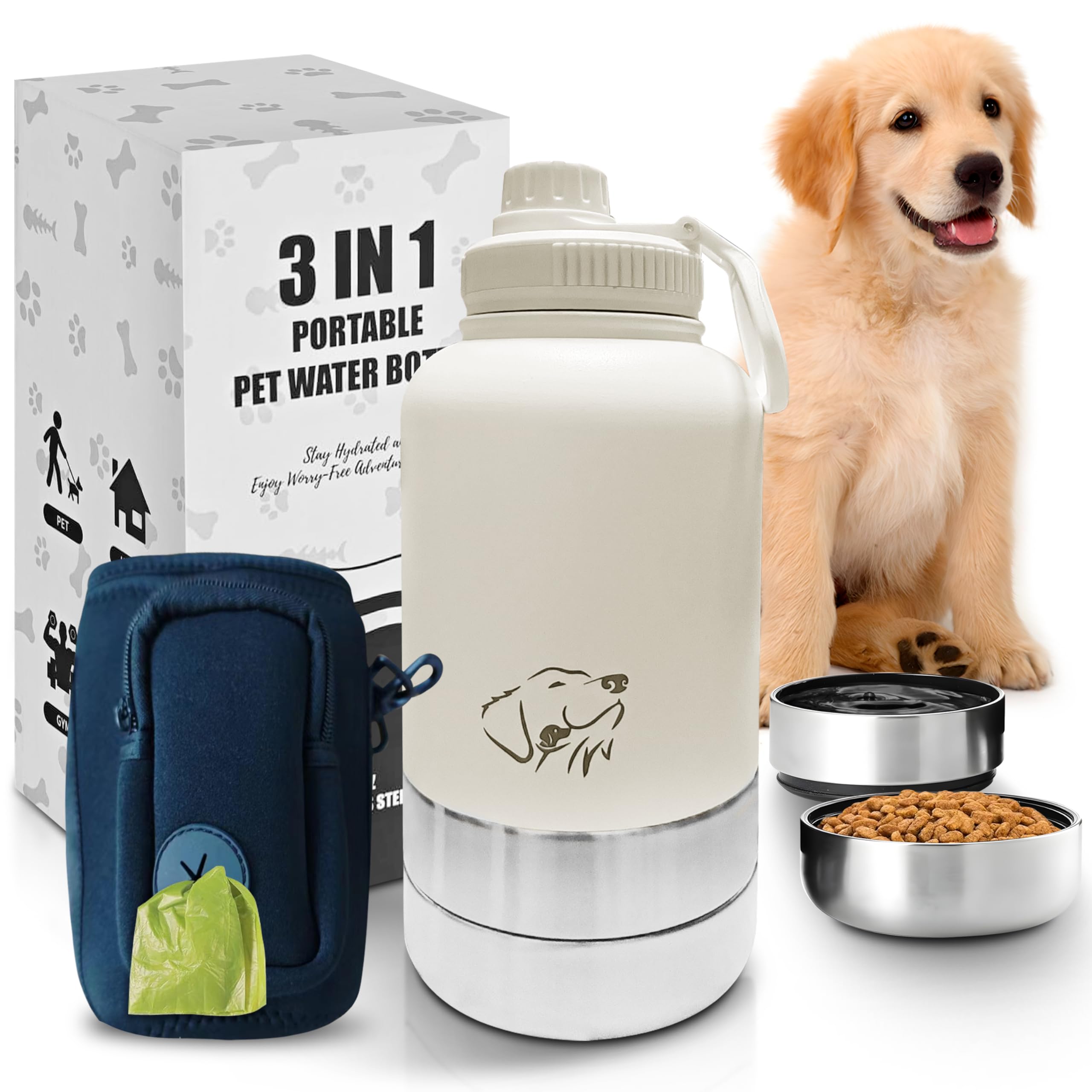 Stainless Steel Insulated Dog Water Bottle - 32oz Portable Travel Water Dispenser with 2 Bowls, Carrying Case & Strap | Leak Proof Double Wall Design for Hiking, Camping, and Outdoor Adventures with Pets