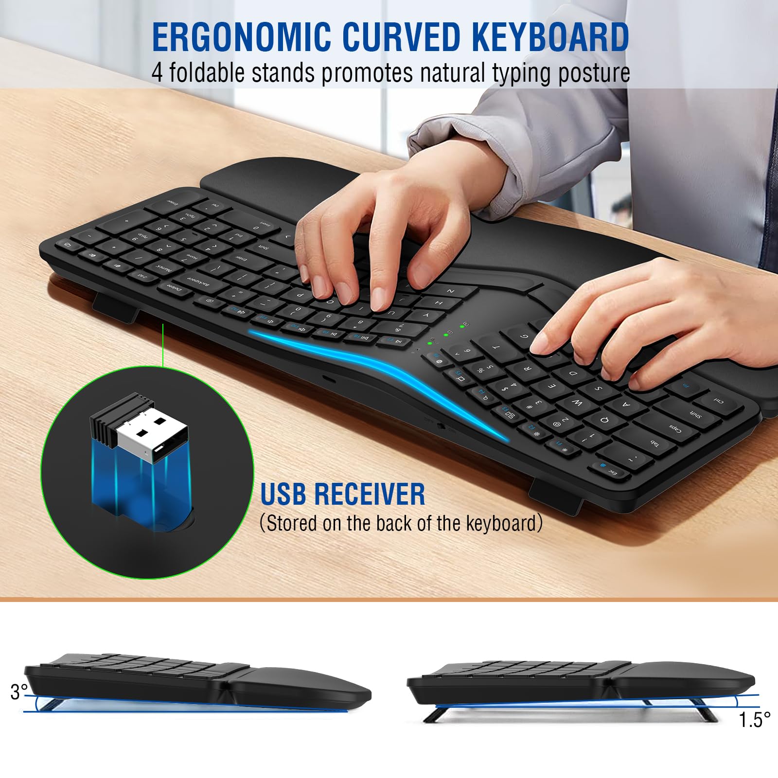 Ergonomic Wireless Keyboard - Rechargeable Bluetooth & 2.4G Split Keyboard with Cushioned Wrist Rest for Windows Mac Android iOS - Multi-Device Comfort Typing for Office, Gaming & Home Use