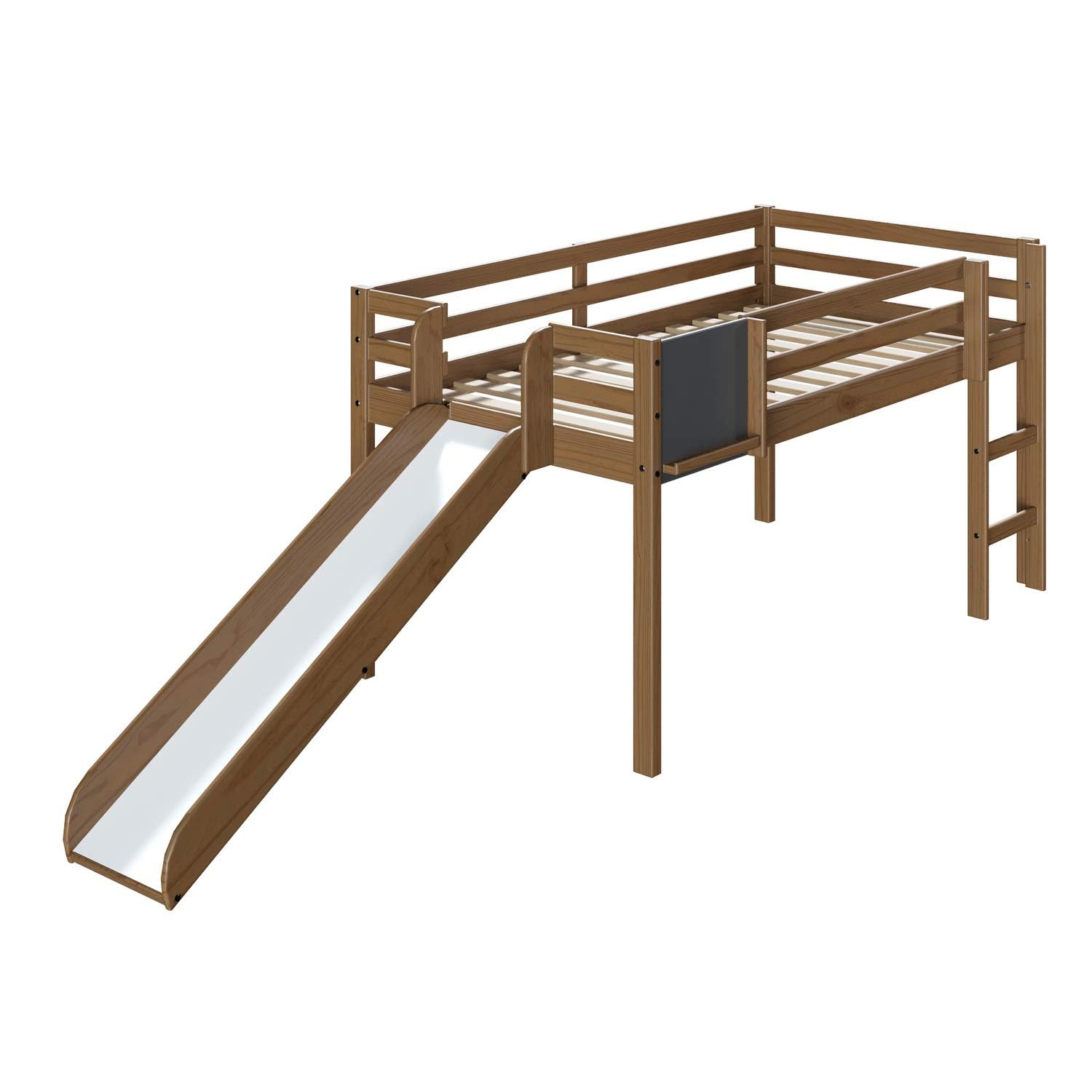 Naomi Home Cindy Twin Loft Bed with Slide - Solid Wood Toddler & Kids Bed with Ladder, Chalkboard - Space Saving Bed Frame for Boys & Girls (Latte Finish) | Perfect for Small Rooms, Playrooms & Shared Kids' Bedrooms