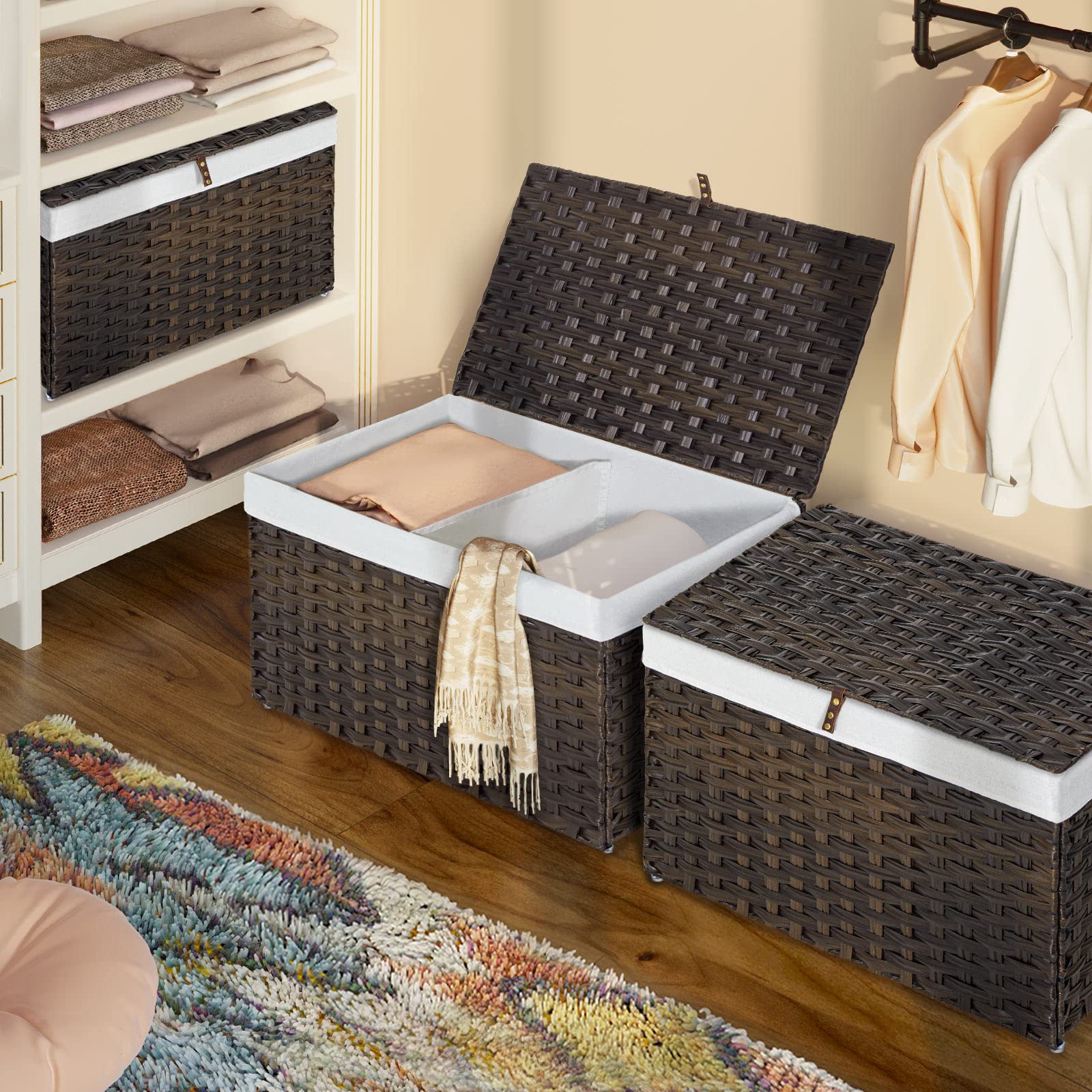 GREENSTELL 105L Large Wicker Storage Basket with Lid - Handwoven Blanket Organizer with Removable Cotton Liner & Metal Frame | Foldable for Bedroom, Laundry Room, Closet Organization | Brown Rattan Basket for Home Decor & Storage Solutions