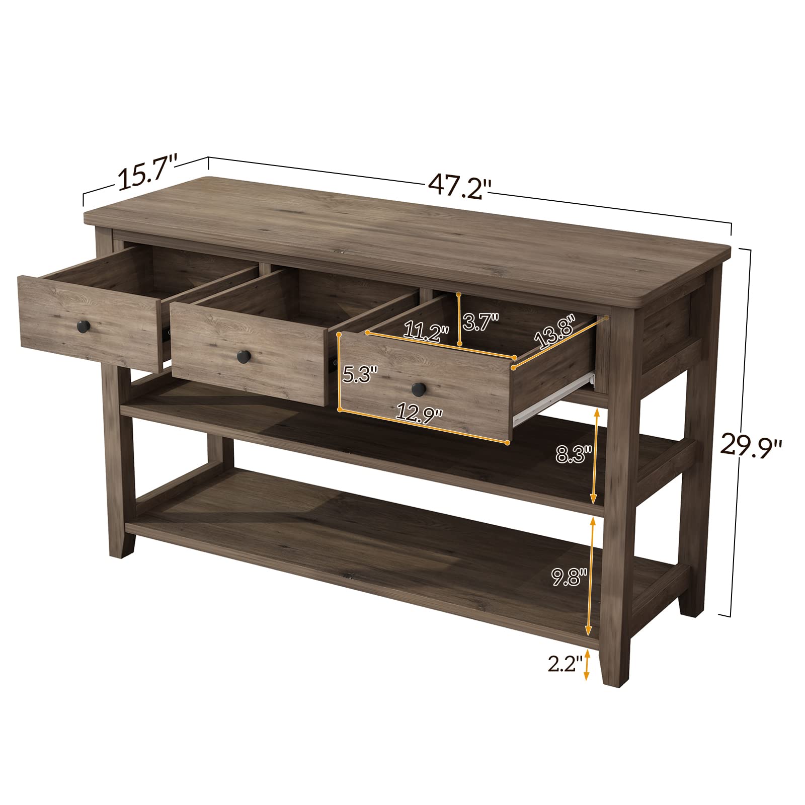 Modern 3-Tier Console Table with 3 Drawers & Storage Shelves - Narrow Entryway Sofa Table for Living Room, Hallway, Bedroom - Space-Saving Grey Sideboard for Small Apartments & Home Decor