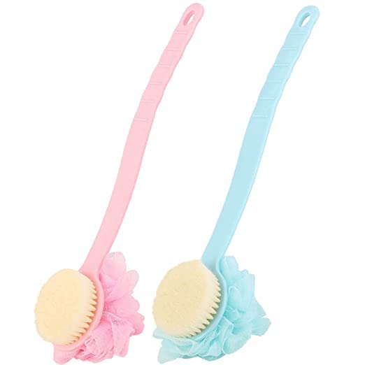 AVICHAL 2-in-1 Bath Body Brush with Soft Loofah & Bristles - Long Handle Back Scrubber for Wet/Dry Use - Exfoliating Shower Brush for Women & Men - Face & Body Scrubber for Spa & Home Use - Multicolor (Pack of 2) - Perfect for Deep Cleansing, Dead Skin Removal & Relaxing Bath Time