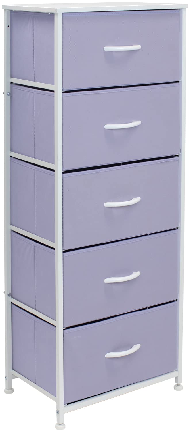 Sorbus 5-Drawer Fabric Dresser for Kids - Tall Storage Tower with Steel Frame & Wood Handles, Purple - Perfect for Bedroom, Closet, Playroom & Nursery Organization