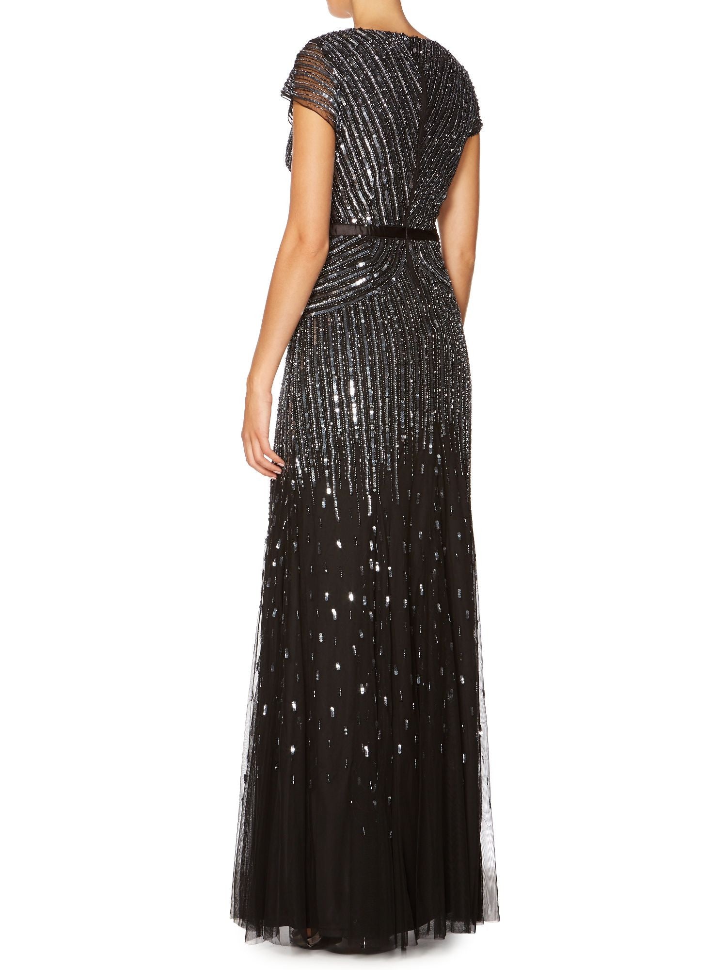 Adrianna Papell Beaded V-Neck Gown in Gunmetal - Elegant Evening Dress for Prom, Wedding & Formal Events