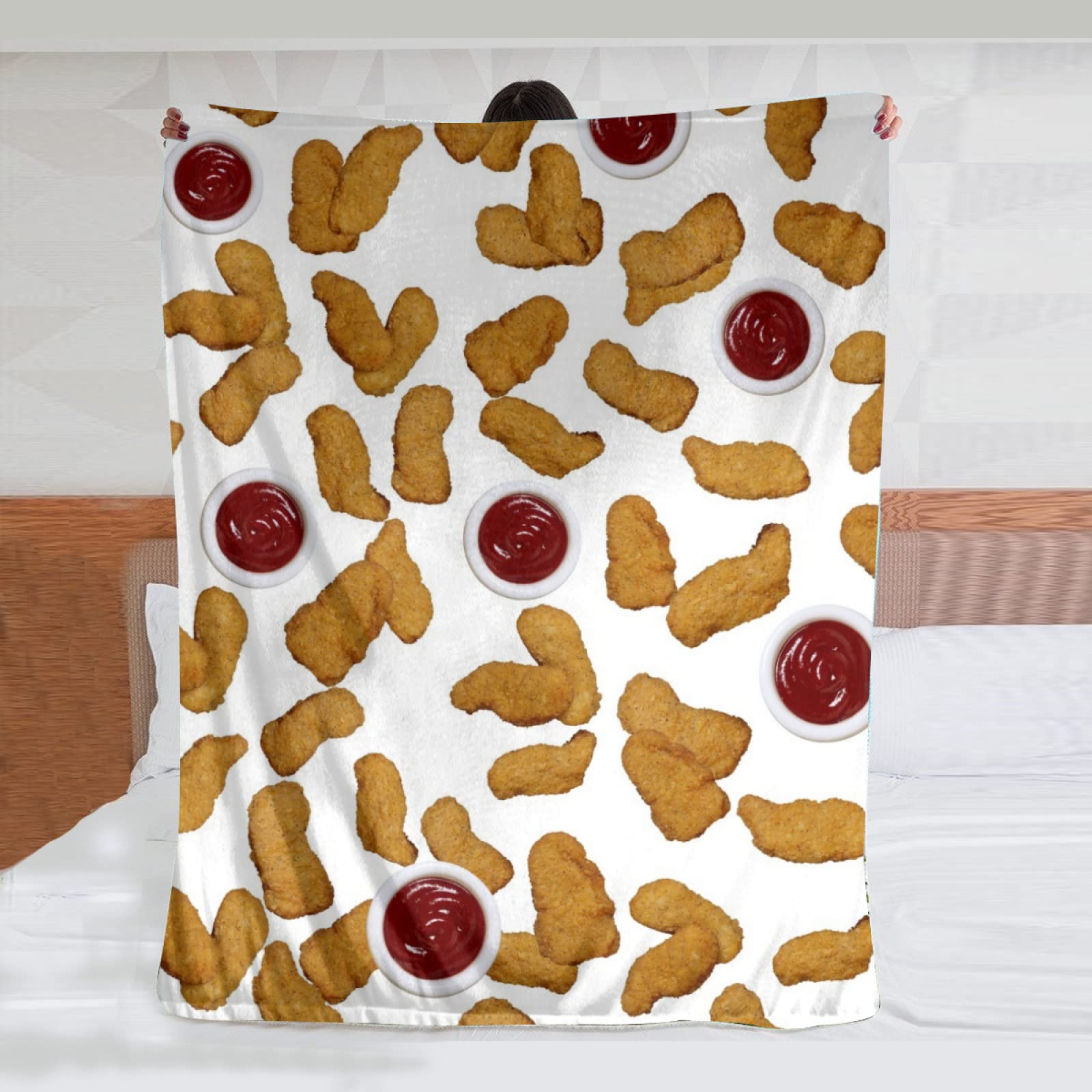 KENADVI Super Soft Fleece Chicken Nuggets Throw Blanket - Funny Food Design with Fried Chicken & Ketchup Print - Cozy Plush Flannel Blanket for Sofa, Couch, Bed (40x50 Inches) - Perfect for Movie Nights, Camping & Gift Giving
