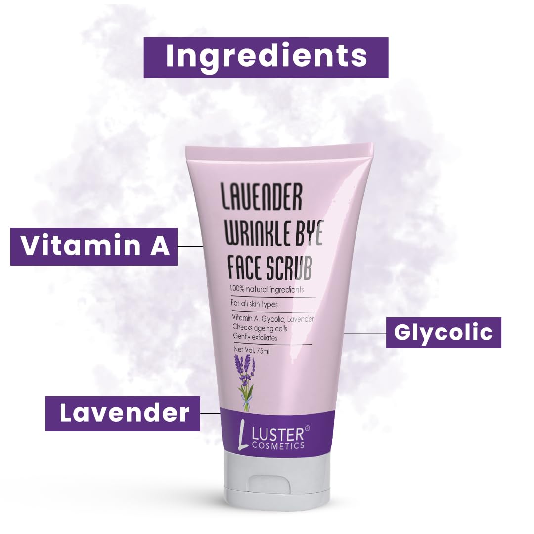 Luster Cosmetics Lavender Wrinkle Bye Face Scrub - Exfoliating Dead Skin Cells, Anti-Aging Facial Cleanser (75ml) | Perfect for Daily Skincare Routine & Spa Night