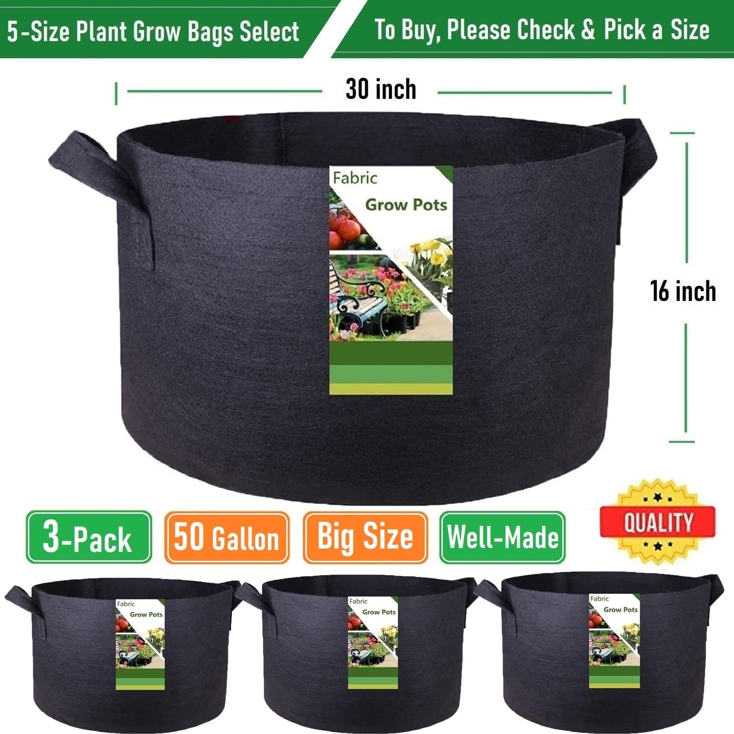 3-Pack 50 Gallon Thickened Fabric Grow Bags - Heavy Duty Garden Plant Pots for Tomatoes, Potatoes, Herbs & Vegetables (30x16 Inch) - Ideal for Planting, Yard Waste Collection & Leaf Storage