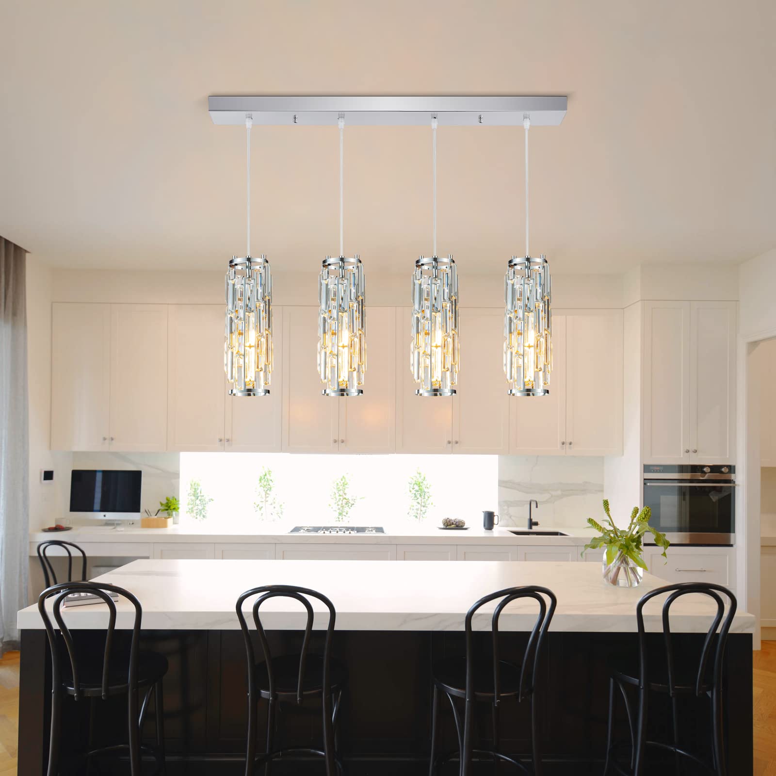 LMQNINE 4-Light Modern Chrome Pendant Lighting with Adjustable Mini Crystal Chandeliers - Elegant Hanging Light Fixture for Kitchen Island, Dining Room, Bedroom & Living Room Decor (Chrome Finish) - Perfect for Home, Restaurant and Office Lighting