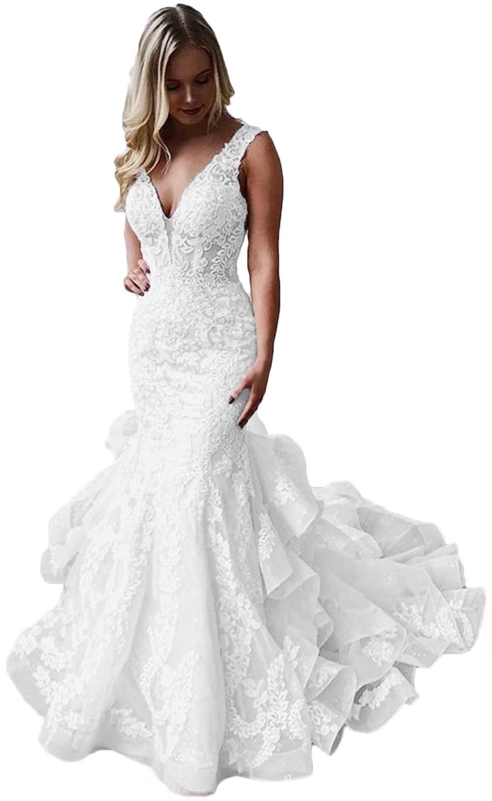 Elegant V-Neck Mermaid Wedding Dress for Bride | Lace Backless Beach Bridal Gown with Ruffled Train | Perfect for Beach Weddings, Outdoor Ceremonies & Romantic Photoshoots