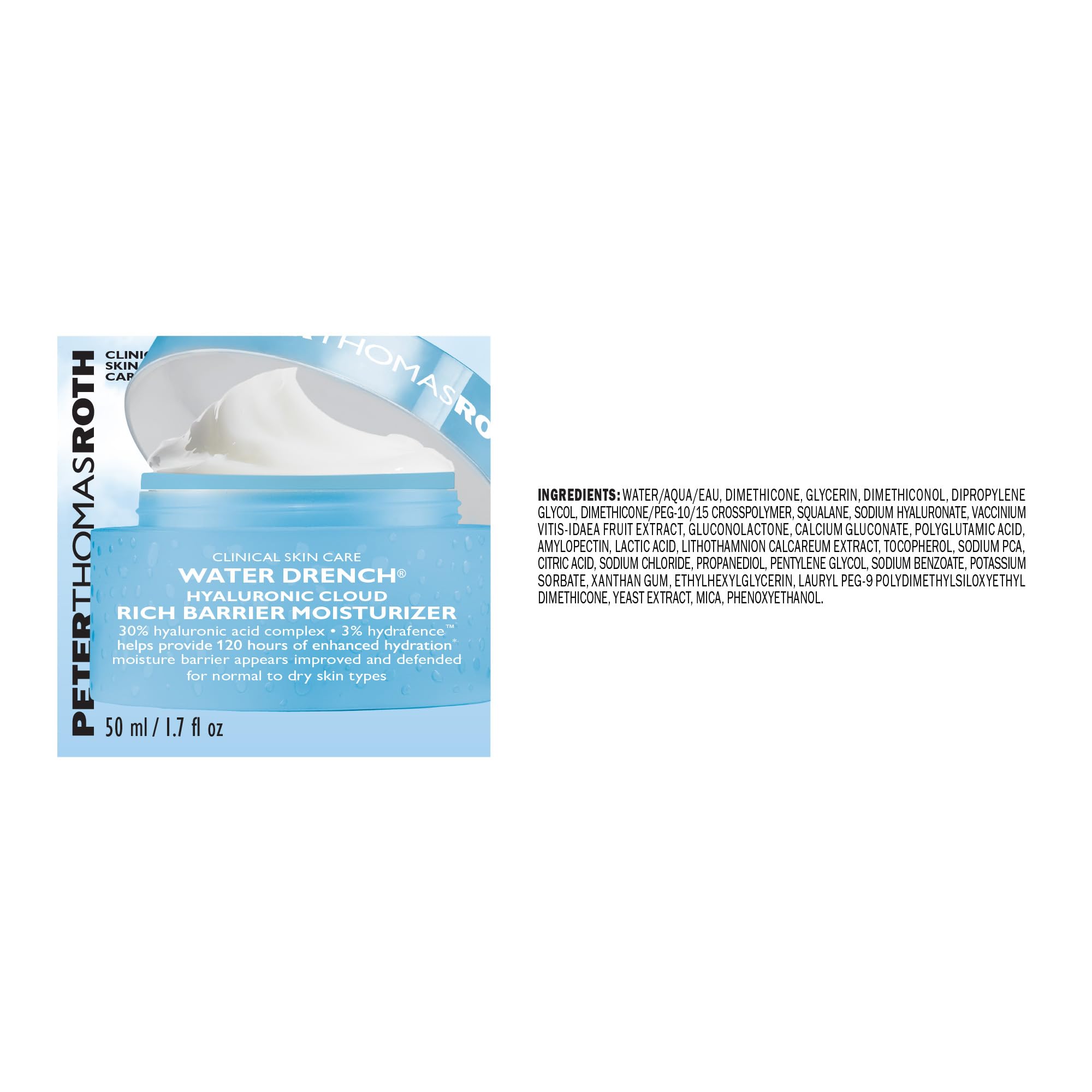 Peter Thomas Roth Water Drench® Hyaluronic Cloud Rich Barrier Moisturizer - Hydrating Face Cream with Hyaluronic Acid for Dry Skin, Skin Barrier Repair - Perfect for Daily Skincare Routine & Nighttime Hydration