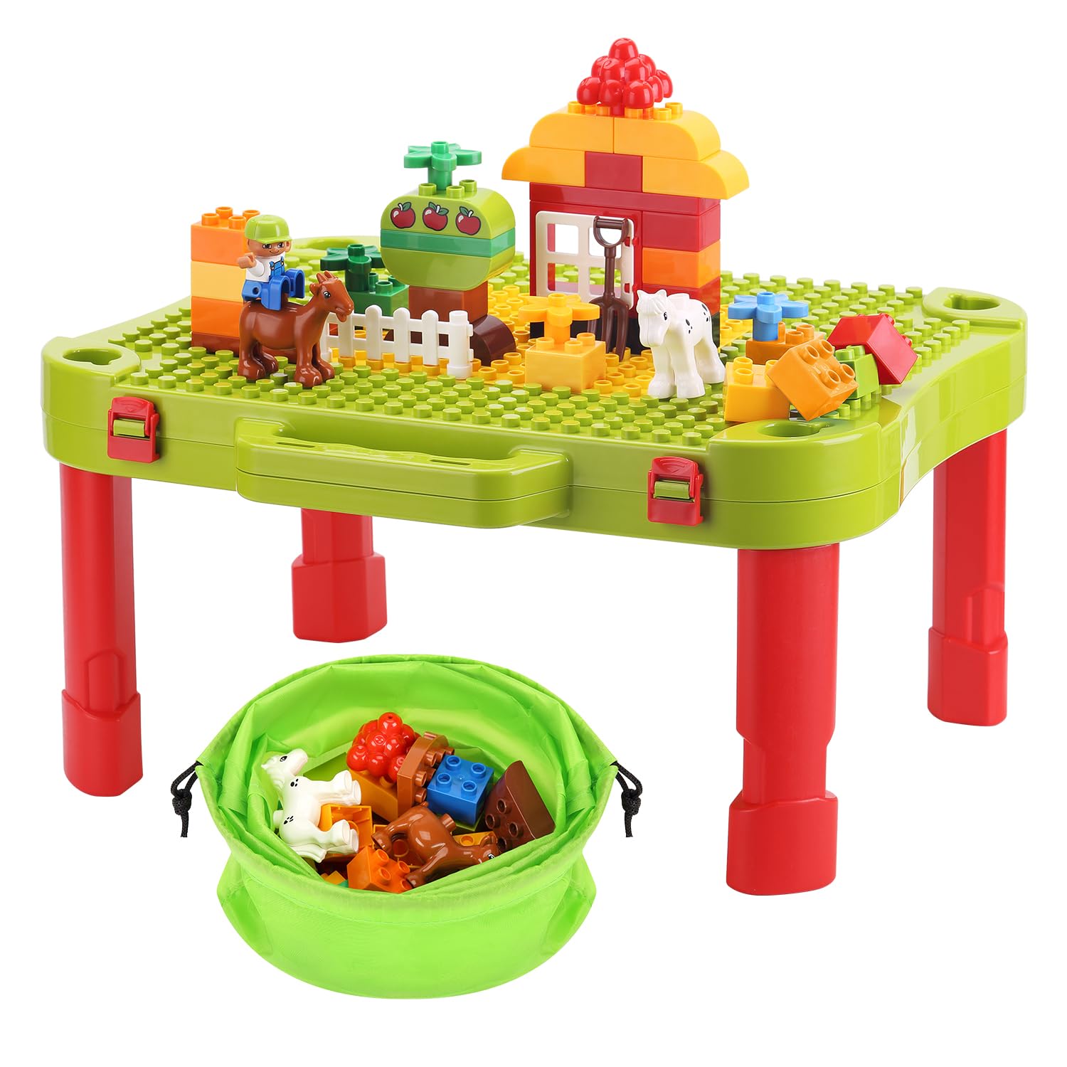 3 in 1 Kids Activity Table with 42 Building Blocks - Foldable Play Desk & Toy Storage for Toddlers | Compatible with Mega Blocks & Lego Duplo | Perfect for Preschool Learning, Creative Play & Home Organization