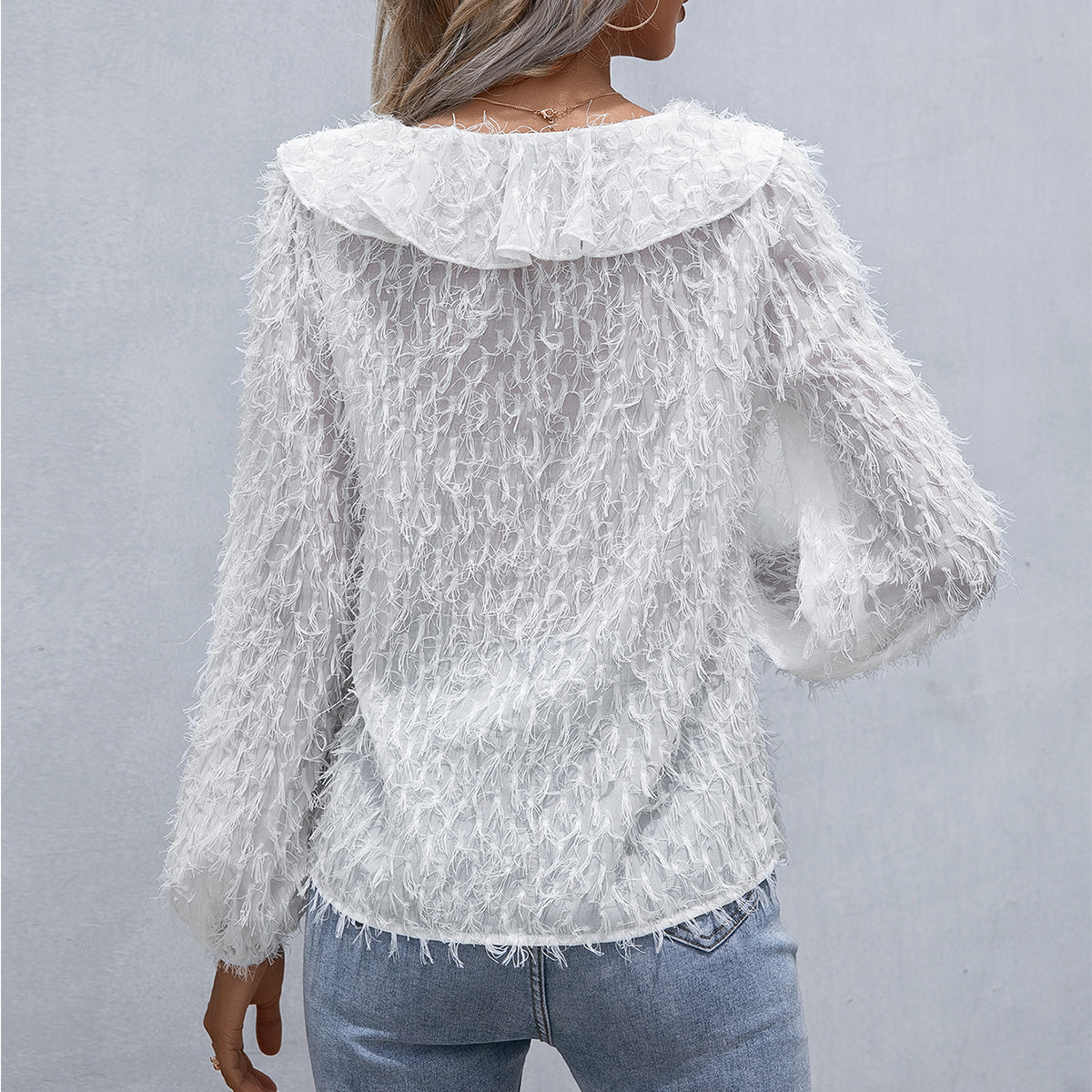 Stylish Ruffle Hem Fringe Balloon Sleeve Blouse for Women | Summer Resort Vacation Top | Perfect for Beach Parties, Tropical Getaways & Boho Fashion
