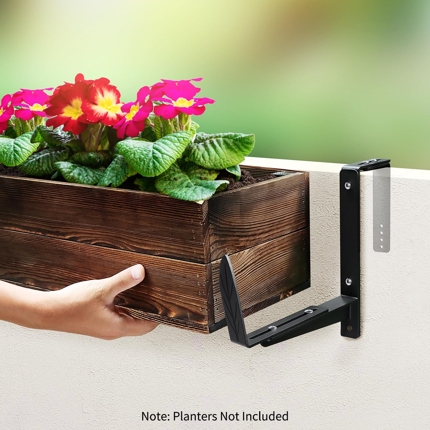 Heavy Duty Adjustable Window Box Brackets - 2 Pack Iron Planter Box Brackets with Upgraded Bottom Support for Deck Railing, Balcony, Fence & Garden - Perfect for Hanging Flower Boxes, Herb Gardens & Outdoor Decor