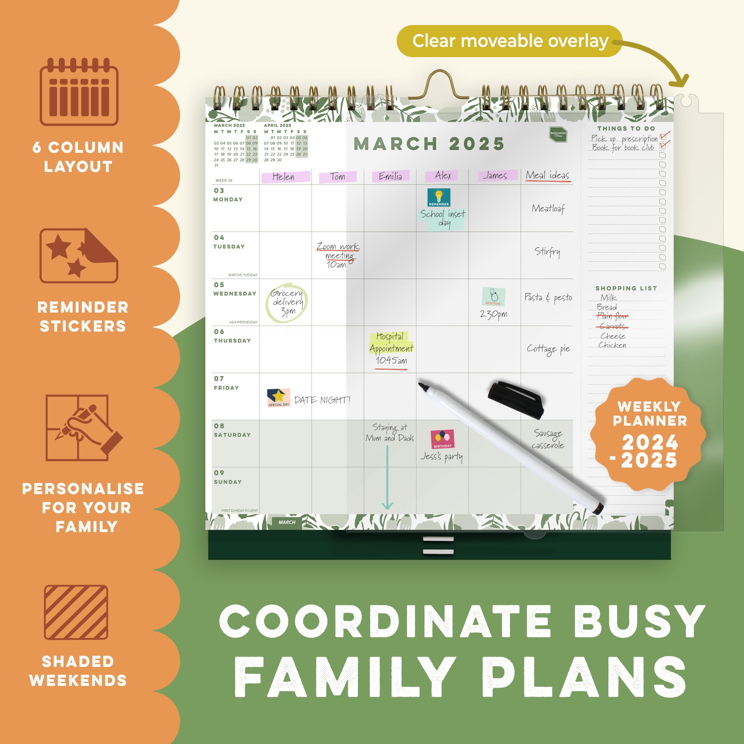 Boxclever Press 2024-2025 Family Weekly Planner Wall Calendar | 6-Column Organizer with Lists, Pocket & Stickers | August 2024-December 2025 | Perfect for Home, Office & School Planning