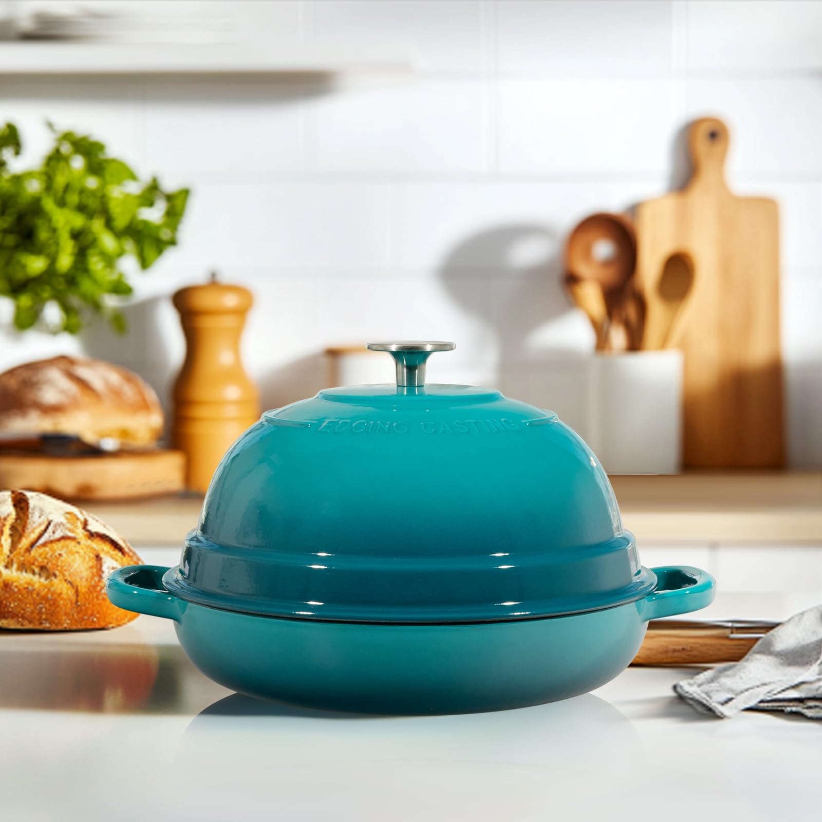 Enameled Cast Iron Dutch Oven with Lid - 6 Quart Round Bread Baking Pot for Homemade Sourdough, Artisan Loaves & Stews - Dark Cyan for Camping, Outdoor Cooking & Kitchen Use